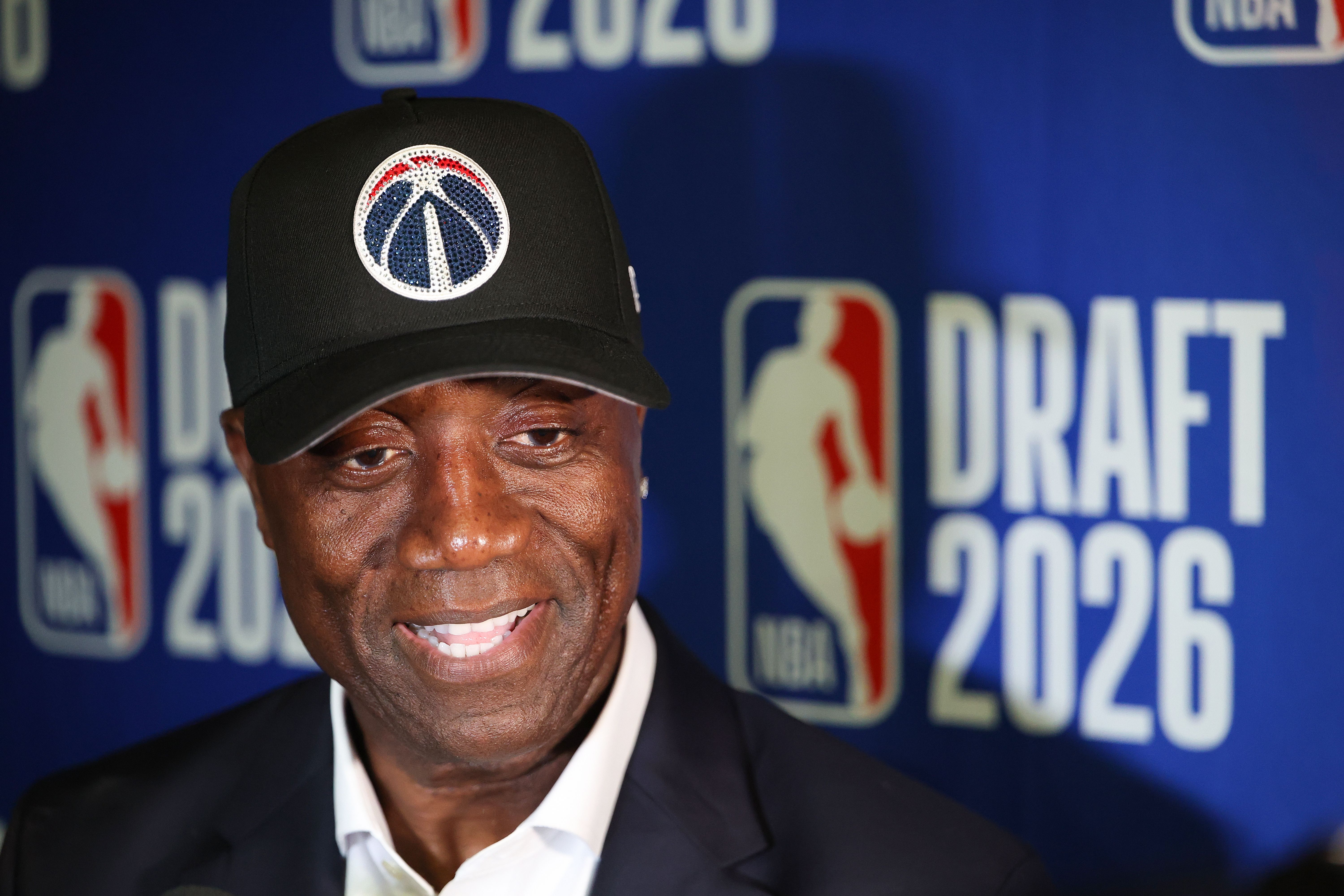 Anicet Dybantsa Sr. father of AJ Dybantsa speaks to the media after his son is drafted first overall by the Washington Wizards during Round One of the 2026 NBA Draft at Barclays Center on June 23, 2026 in New York City.