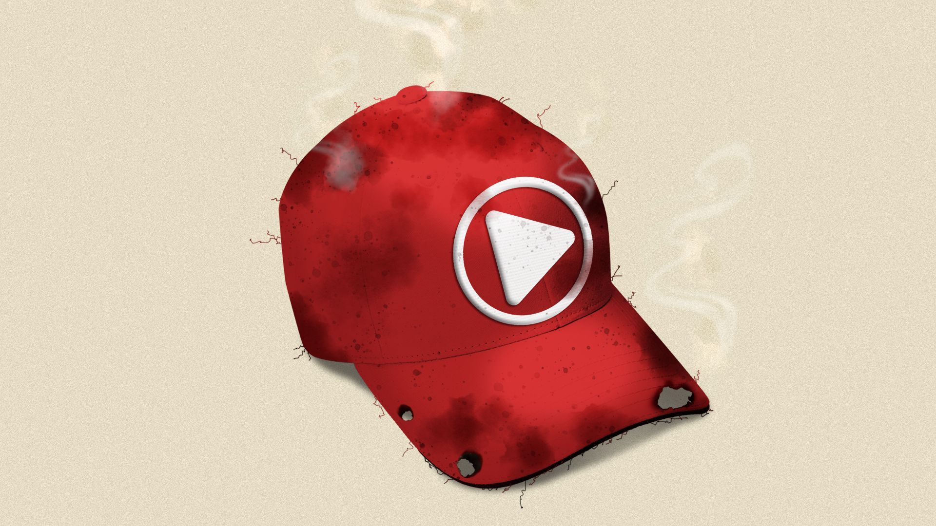 Illustration of a singed Maga-like hat with a play icon on the front