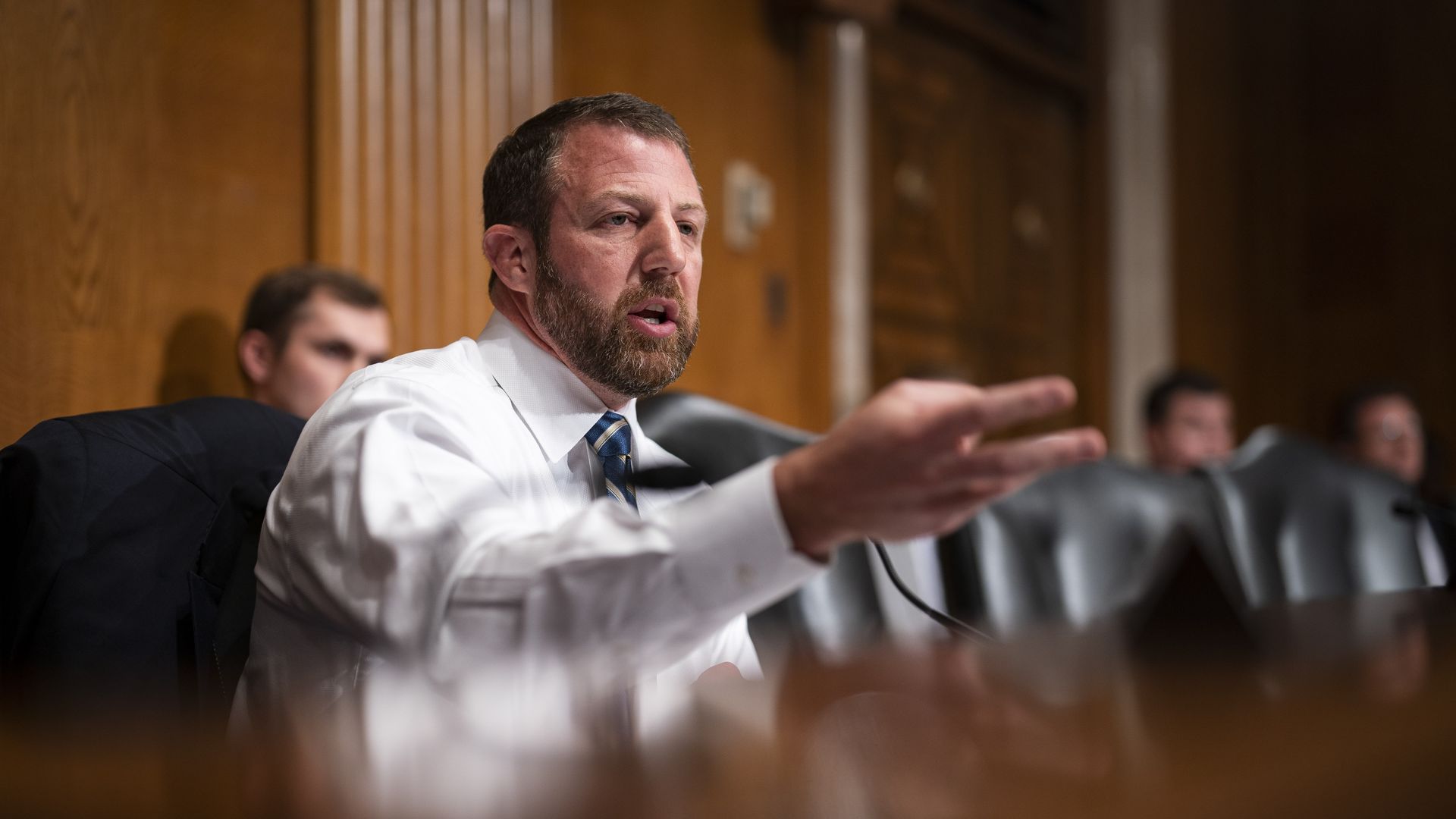 Senator Markwayne Mullin, a Republican from Oklahoma, speaks during a Senate Health, Education, Labor, and Pensions Committee nomination hearing for labor secretary nominee Julie Su 
