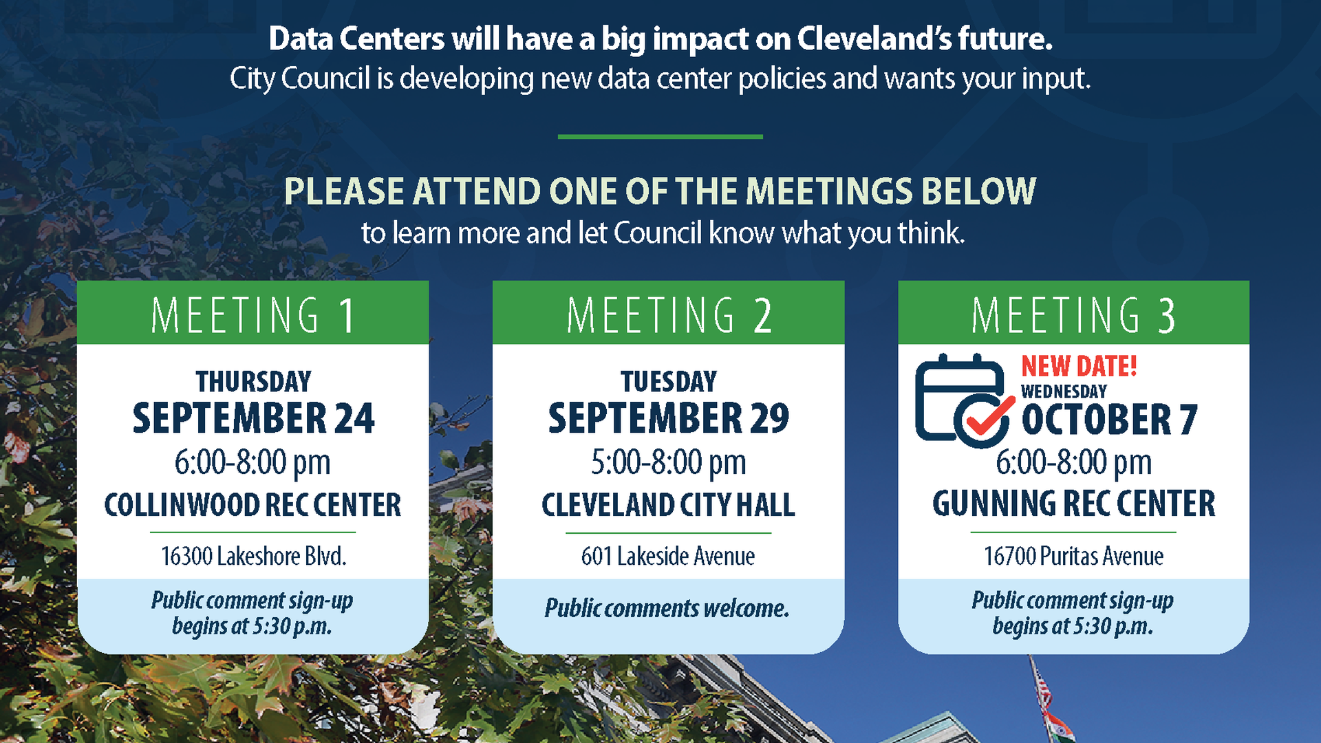Blue Cleveland City Council banner with seal, large Data Center headline and Update and Public Hearing subtitle, and three meeting cards over a city hall backdrop.