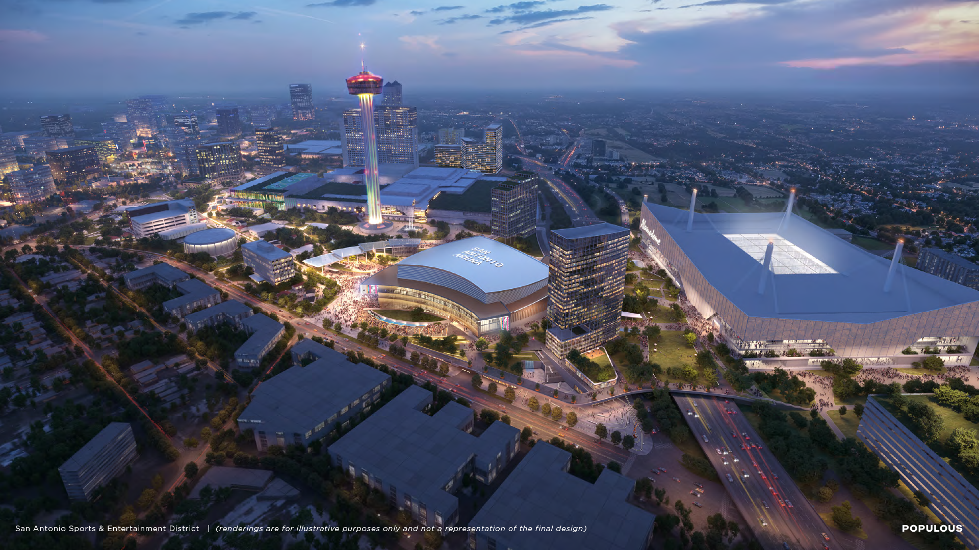 A reimagined east downtown San Antonio shows a new NBA arena at the Institute of Texan Cultures, and a redone Alamodome.