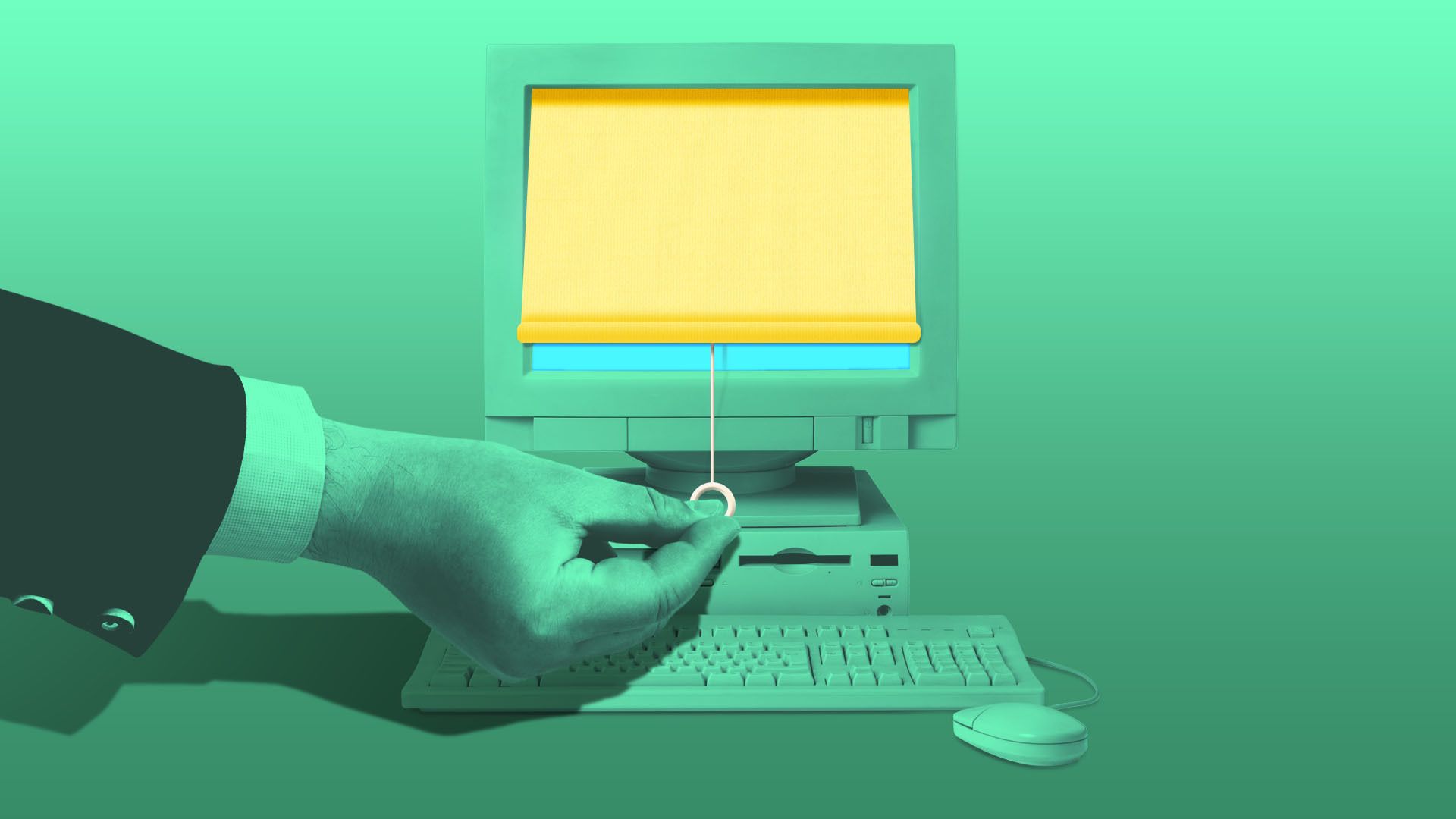 Teal-green gradient image of a vintage desktop computer with a CRT monitor showing a yellow shade. A suited hand pulls a white ring from a cord, with keyboard and mouse in front.