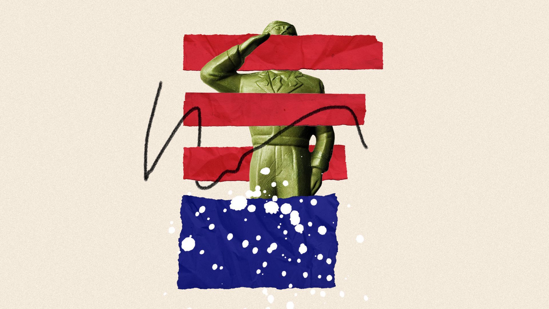 Illustrated collage of a deconstructed American flag and a saluting toy soldier.