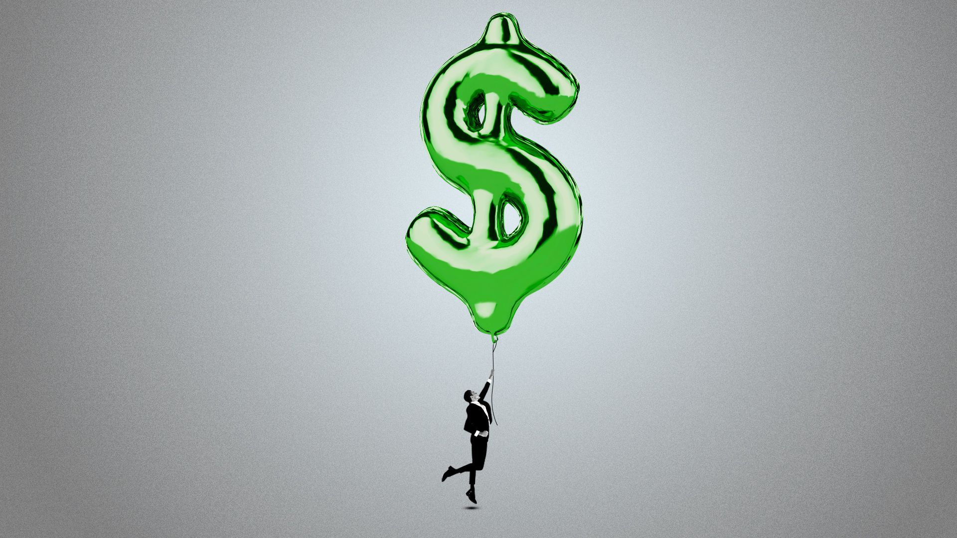 A drawn figure of a person hangs onto a rising balloon in the shape of a dollar sign.