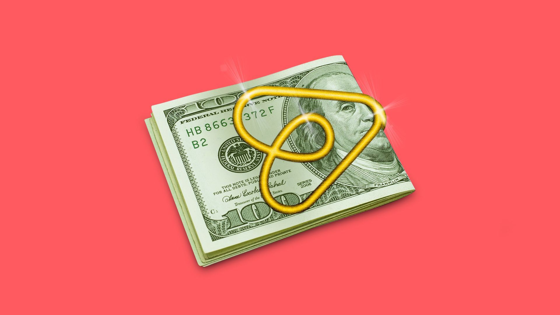 Illustration of the Airbnb logo as a money clip on some folded hundred dollar bills. 