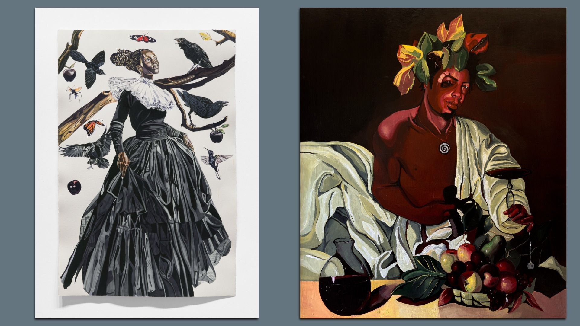 Two paintings: left, a Black woman in a voluminous black dress with a white ruffled collar, surrounded by birds and butterflies; right, a shirtless man with leaves on his head, a white cloth, holding a glass near a fruit bowl and wine carafe.