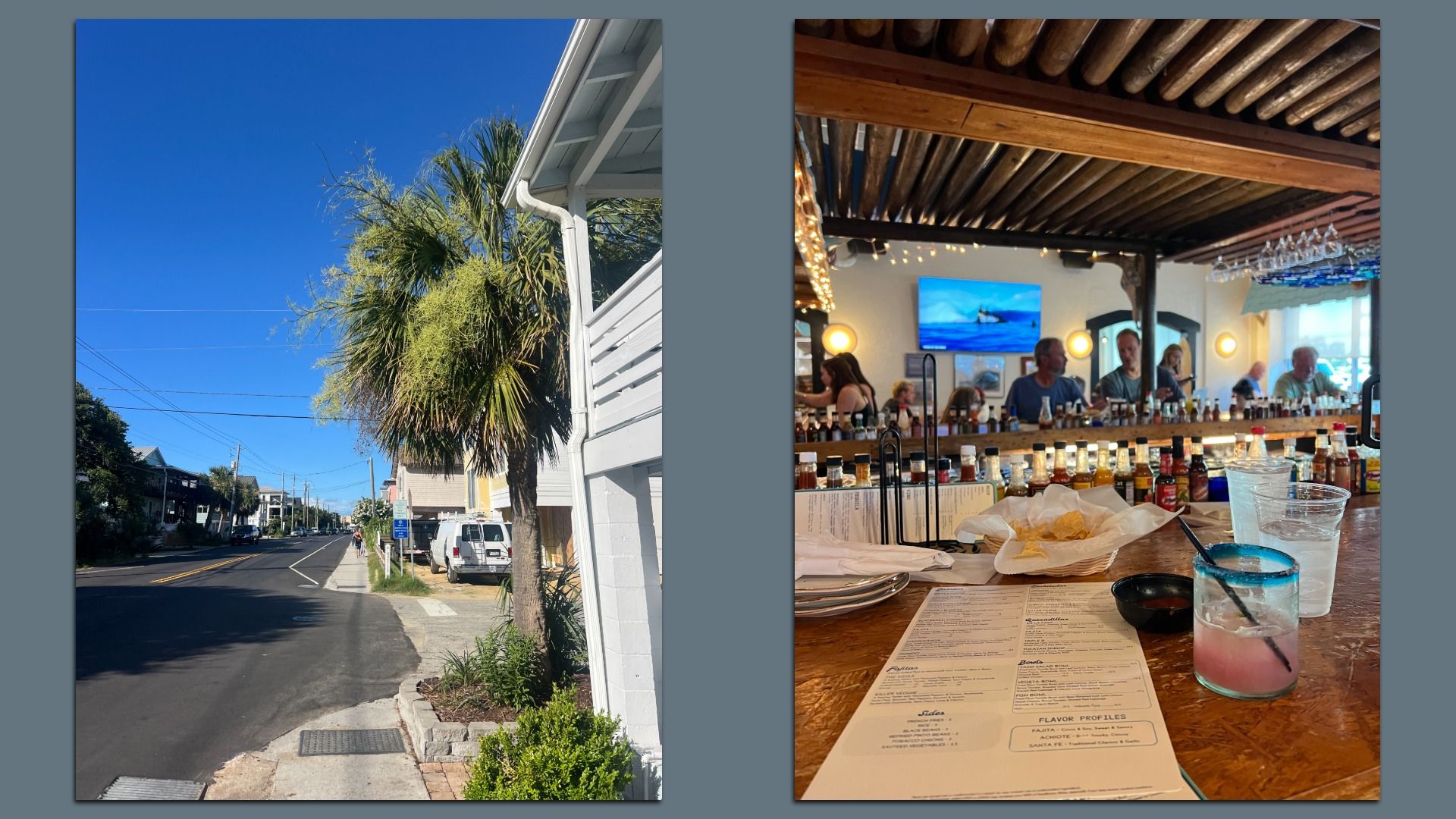 Two photos: left a sunny street with palm trees, parked cars, and white buildings; right a busy bar scene with bottled shelves, hanging glassware, patrons, and a blue TV.