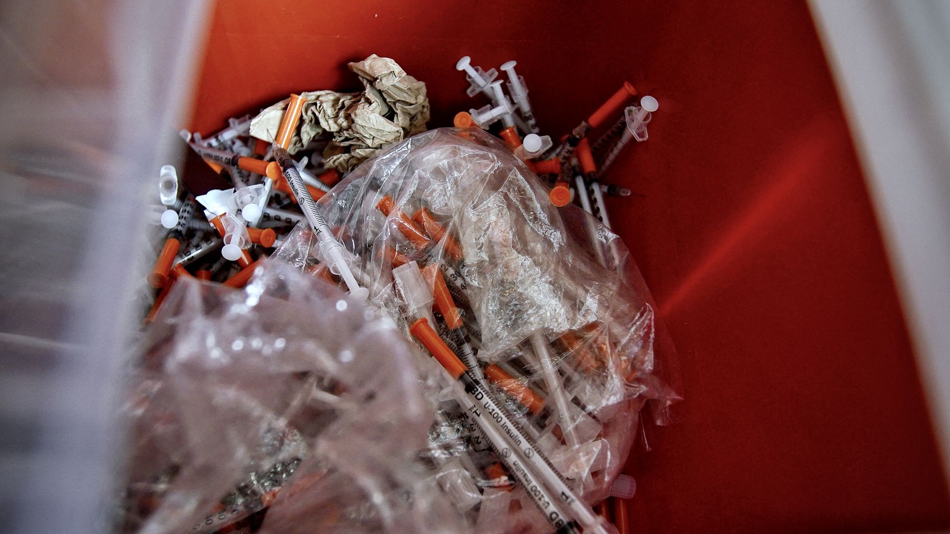 Used syringes collected by a counselling service in Washington, D.C., in April 2022.