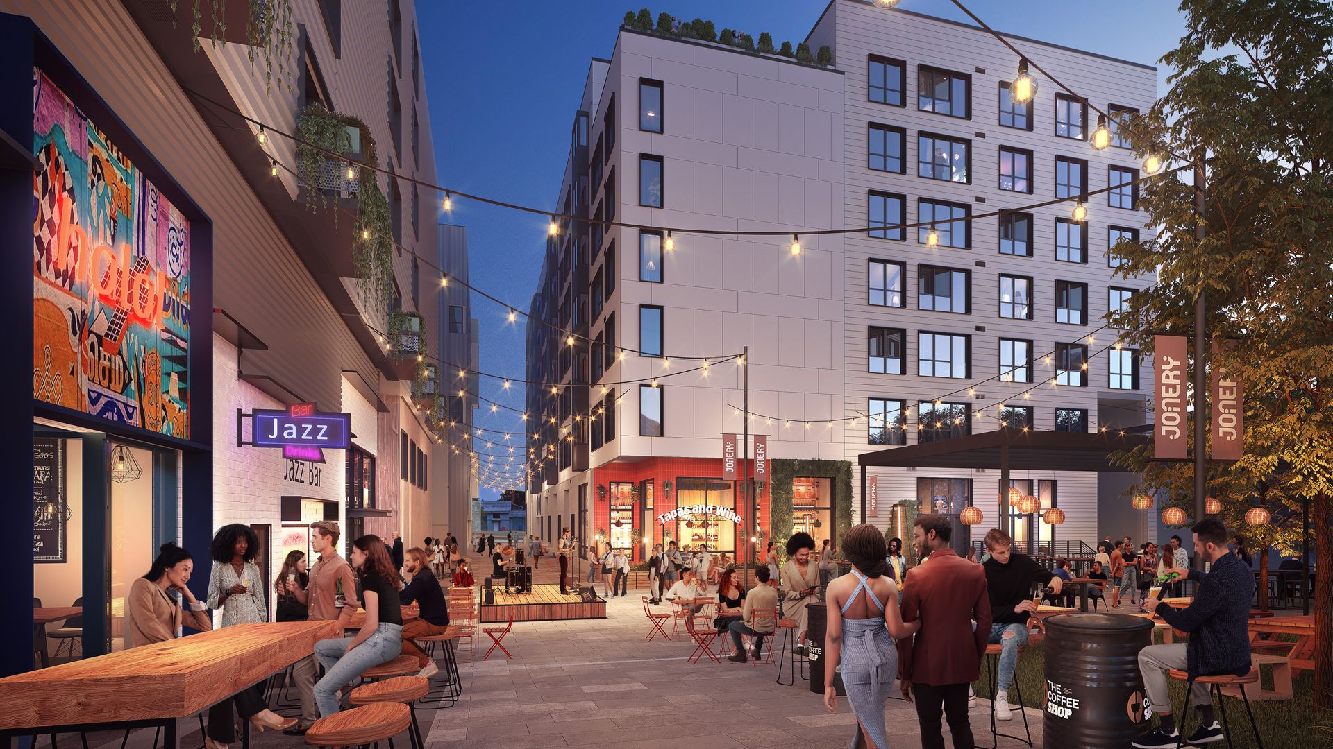 Evening scene of a lively outdoor street plaza with people dining, socializing near a jazz bar, tapas and wine restaurant, and a coffee shop under string lights between modern buildings.