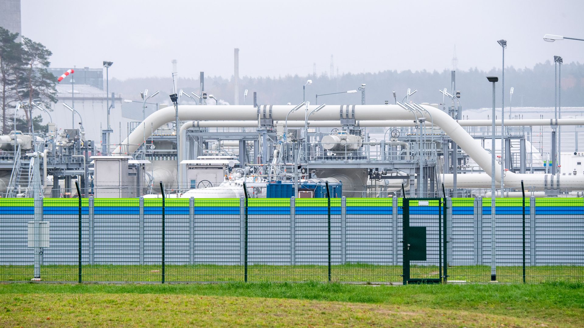  View of pipe systems and shut-off devices at the gas receiving station of the Nord Stream 2 Baltic Sea pipeline. T