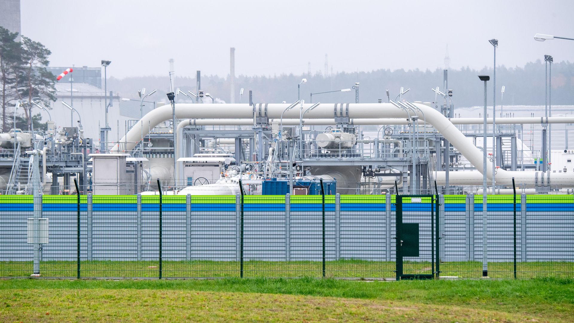 View of pipe systems and shut-off devices at the gas receiving station of the Nord Stream 2 Baltic Sea pipeline. T