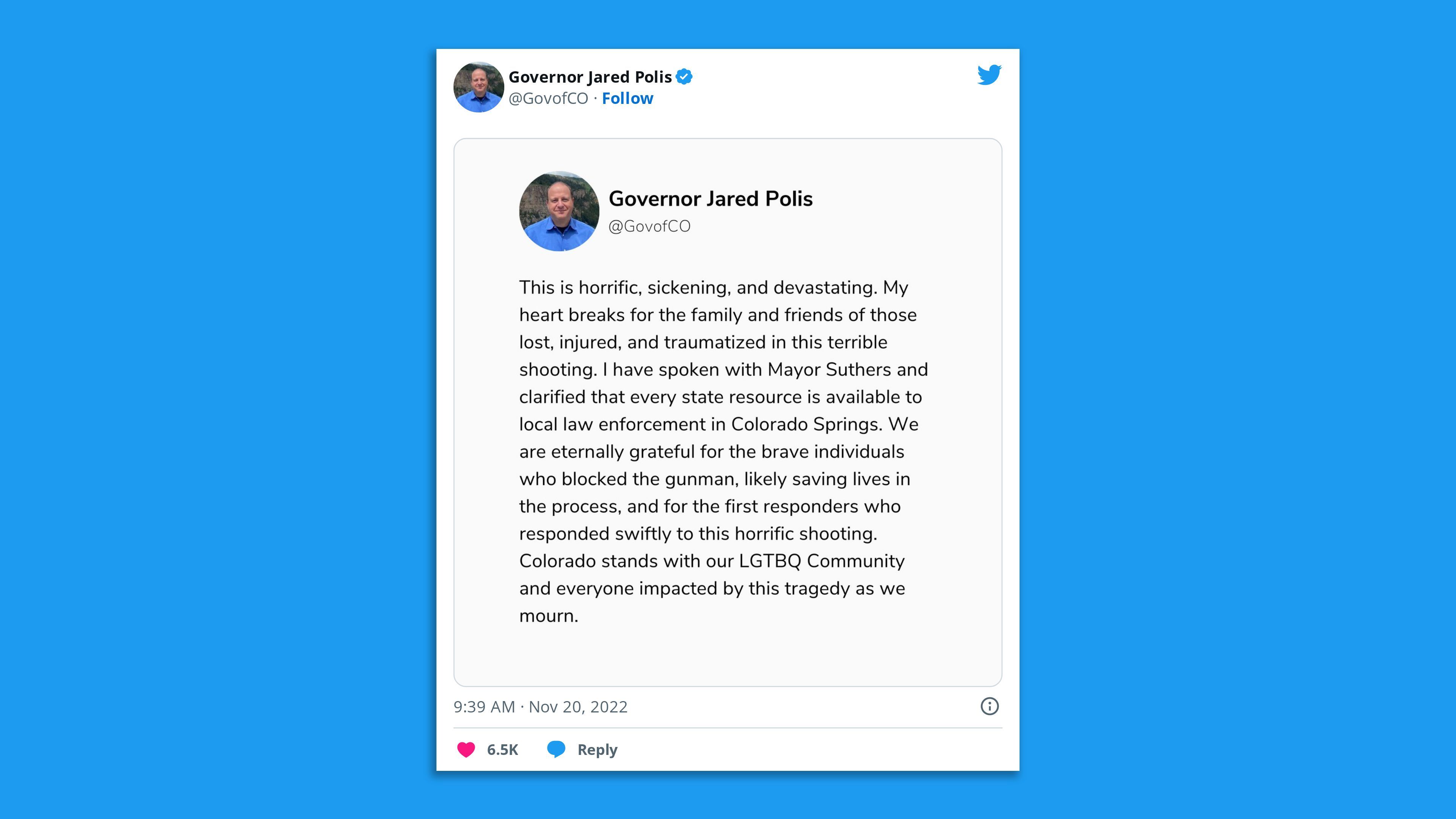 A screenshot of a tweet from Colorado Gov. Jared Polis condemning the Colorado Springs nightclub shooting and saying he stands with the LGBTQ community.