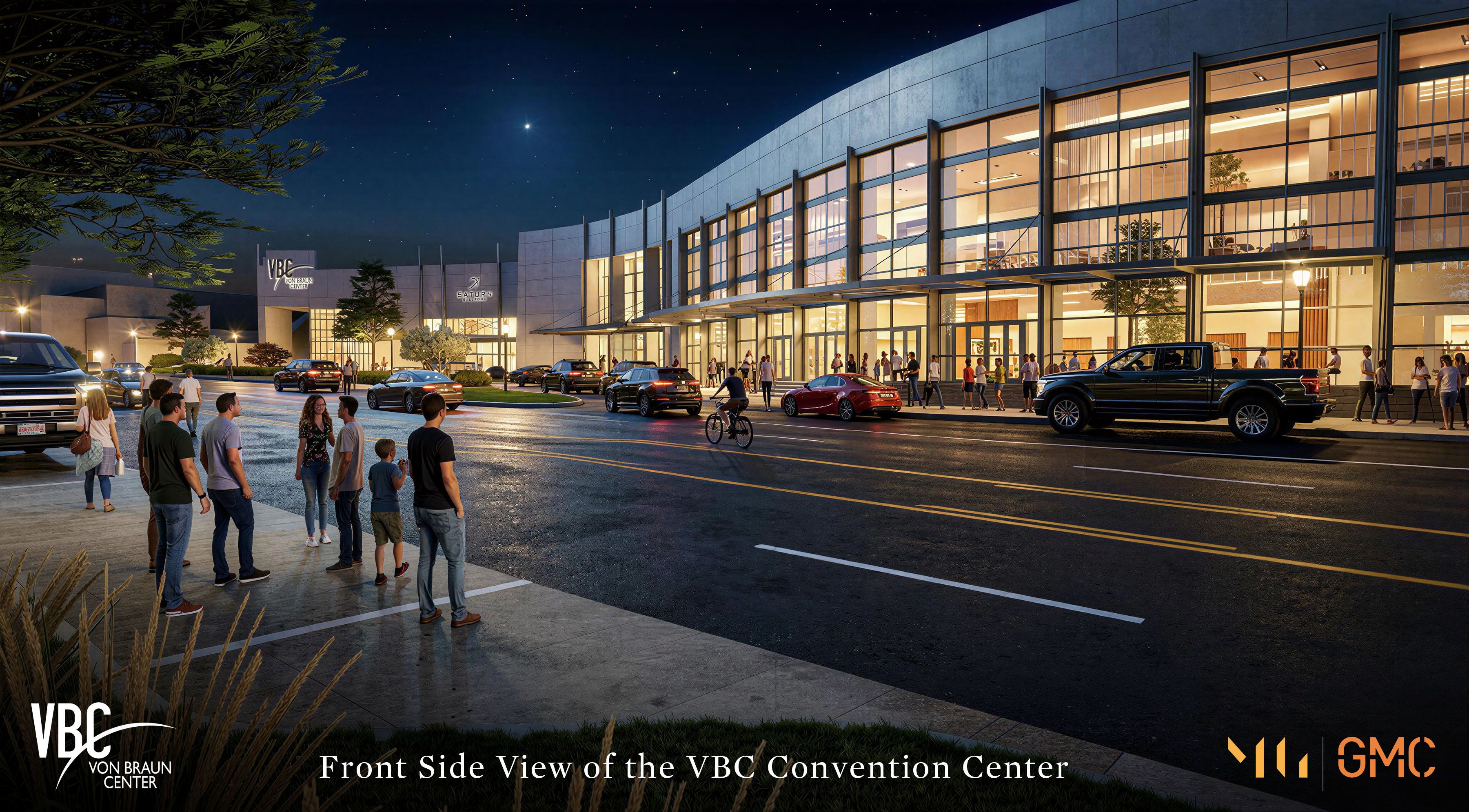 Nighttime exterior of a curved glass convention center with warm interior lights, people outside, cars parked along the curb, a starry sky, trees, and the VBC Von Braun Center signage.