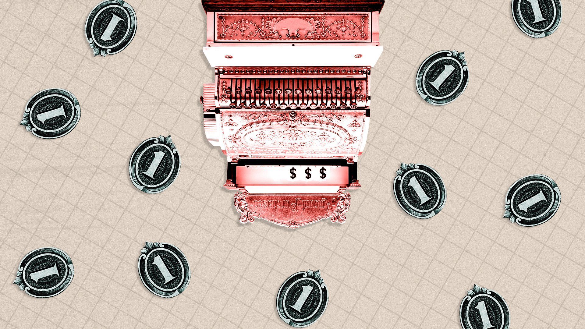 Illustrated collage of one's cut out from a one dollar bill and a cash register