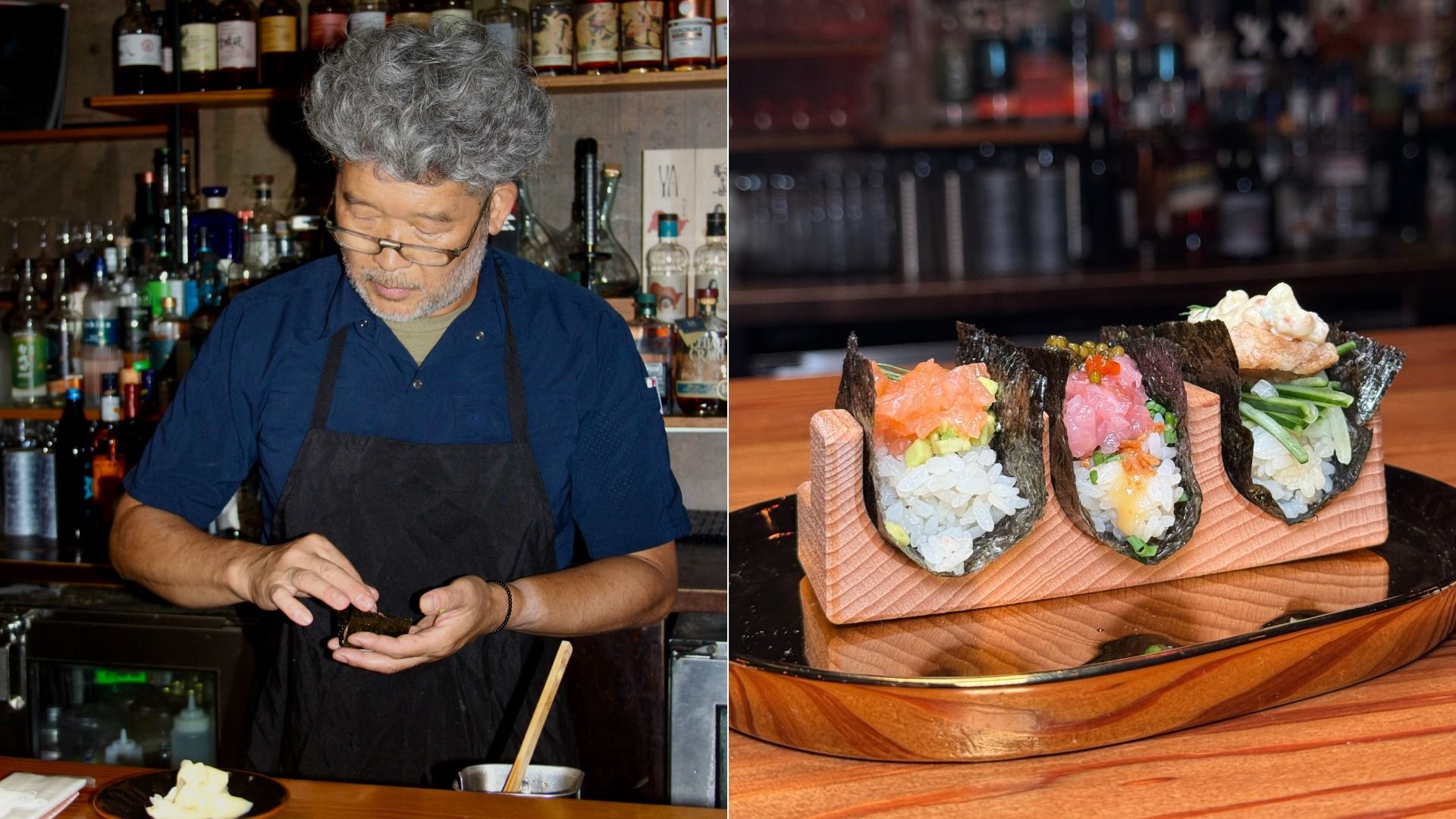 Two-panel image: left shows a gray-haired man in a blue shirt and apron behind a bar, wearing glasses; right shows a wooden boat-shaped platter with three seaweed-wrapped sushi cones filled with rice and fish.