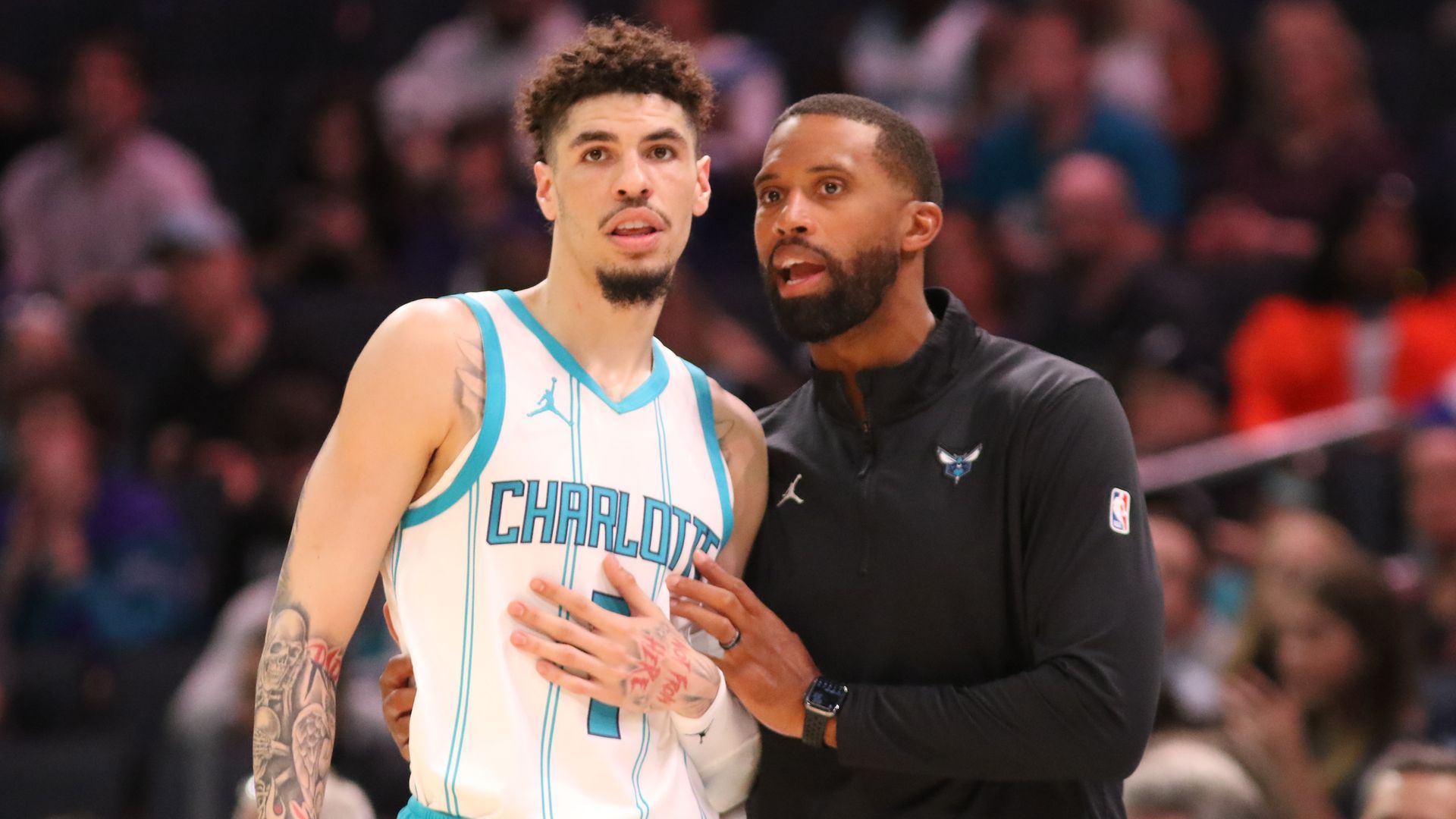 Charlotte Hornets guard LaMelo Ball (left) and head coach Charles Lee. Photo: Brock Williams-Smith/NBAE via Getty Images
