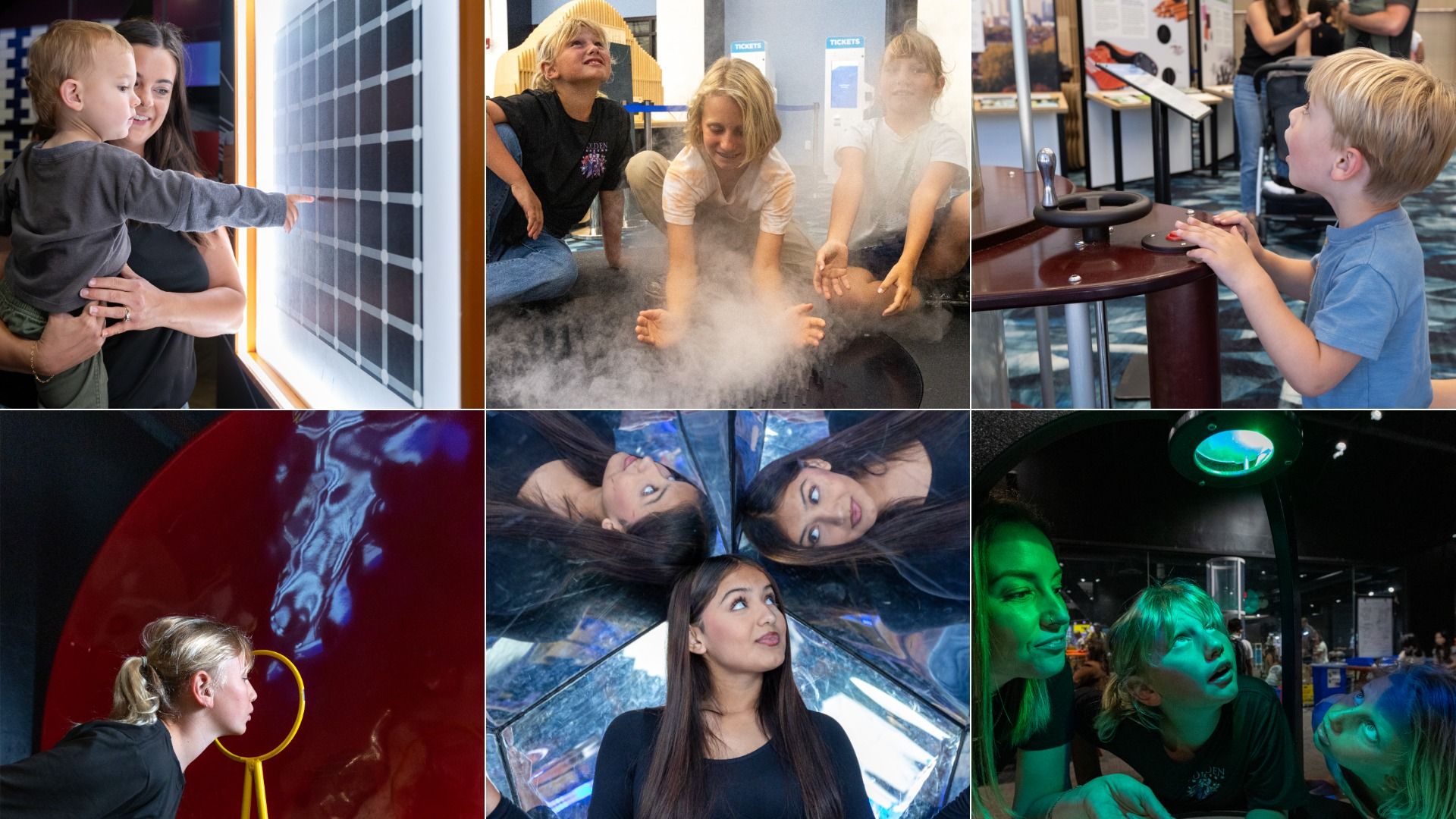 A 3x3 science-museum collage of adults and kids exploring exhibits: a grid panel, dry-ice fog, a steering-wheel exhibit, and faces lit by colored lights.