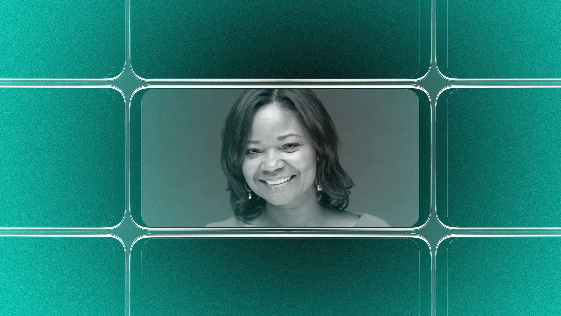 Photo illustration of a grid of smartphone screens, the center one showing an image of Lorre Jones.