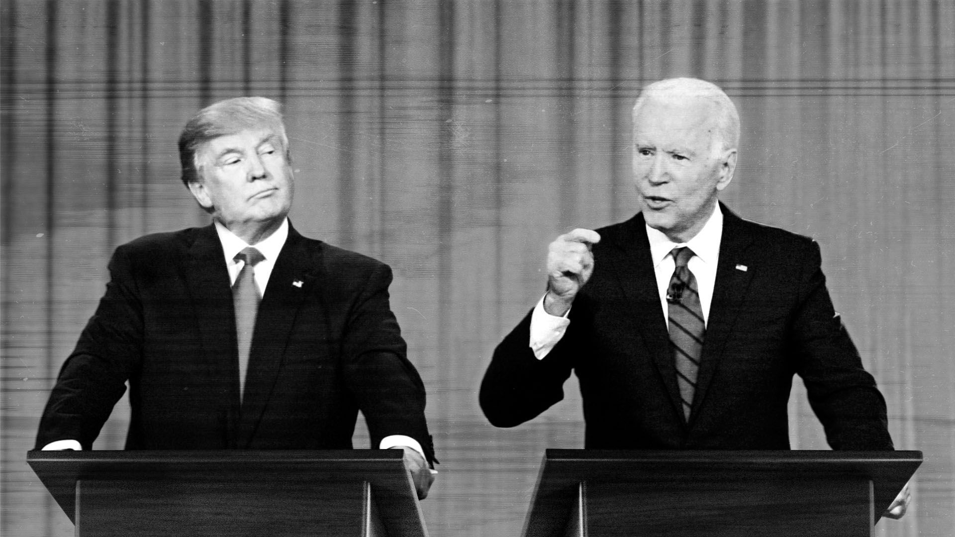 Photo illustration of Donald Trump and Joseph Biden in a vintage-looking televised debate