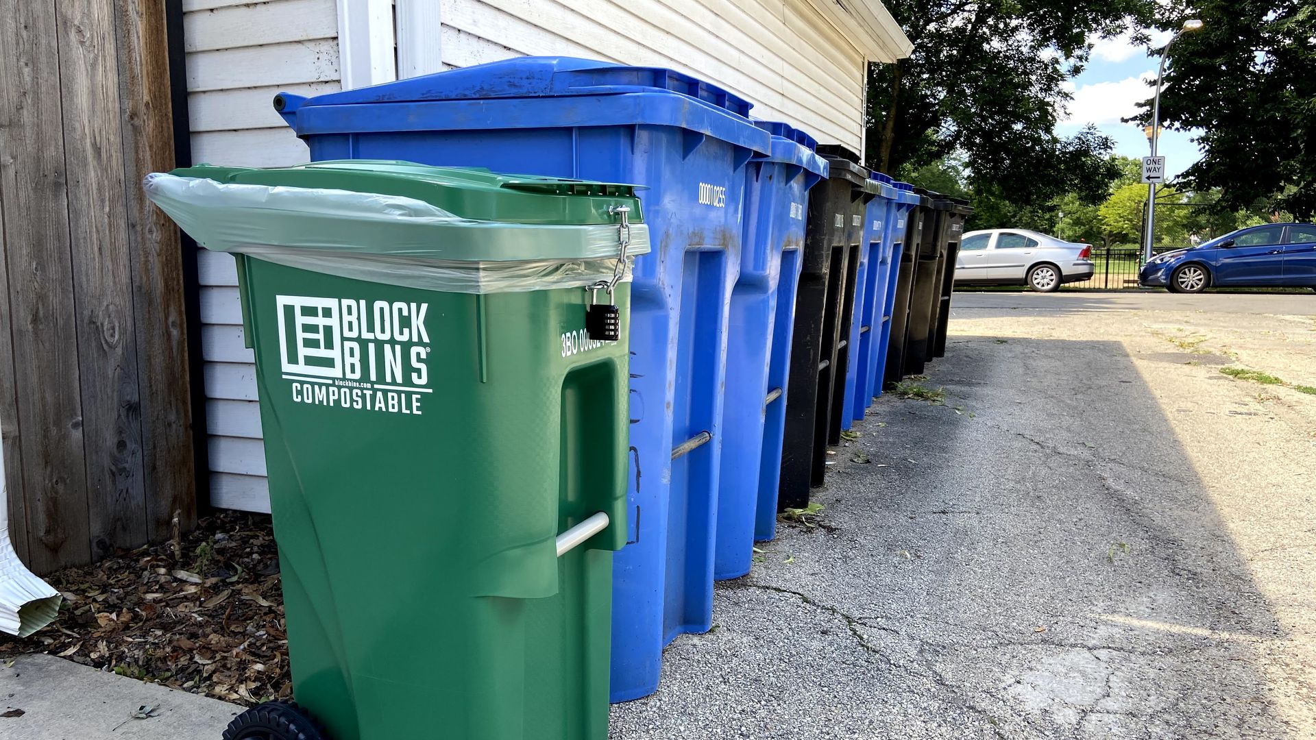 Garbage bins lined up in an alley. 