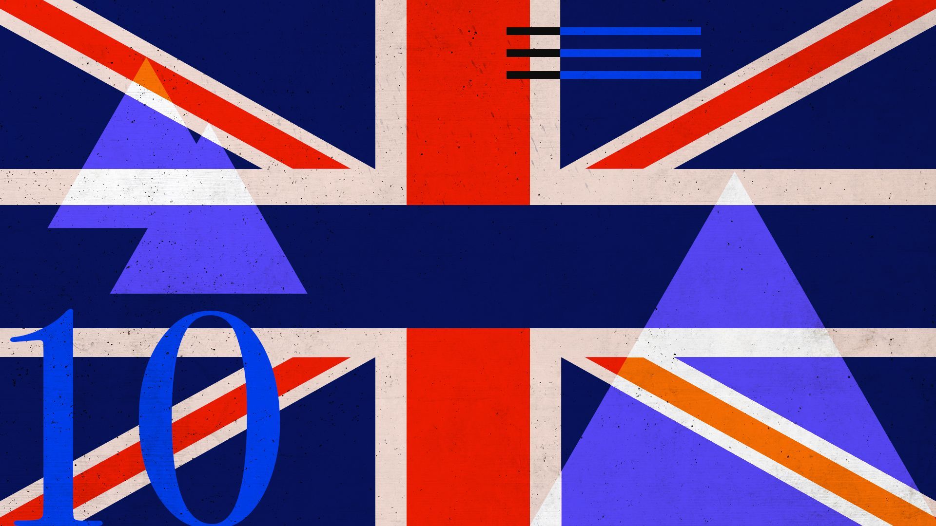 Illustration of the UK flag with a collage of various line shapes, triangles, and numbers