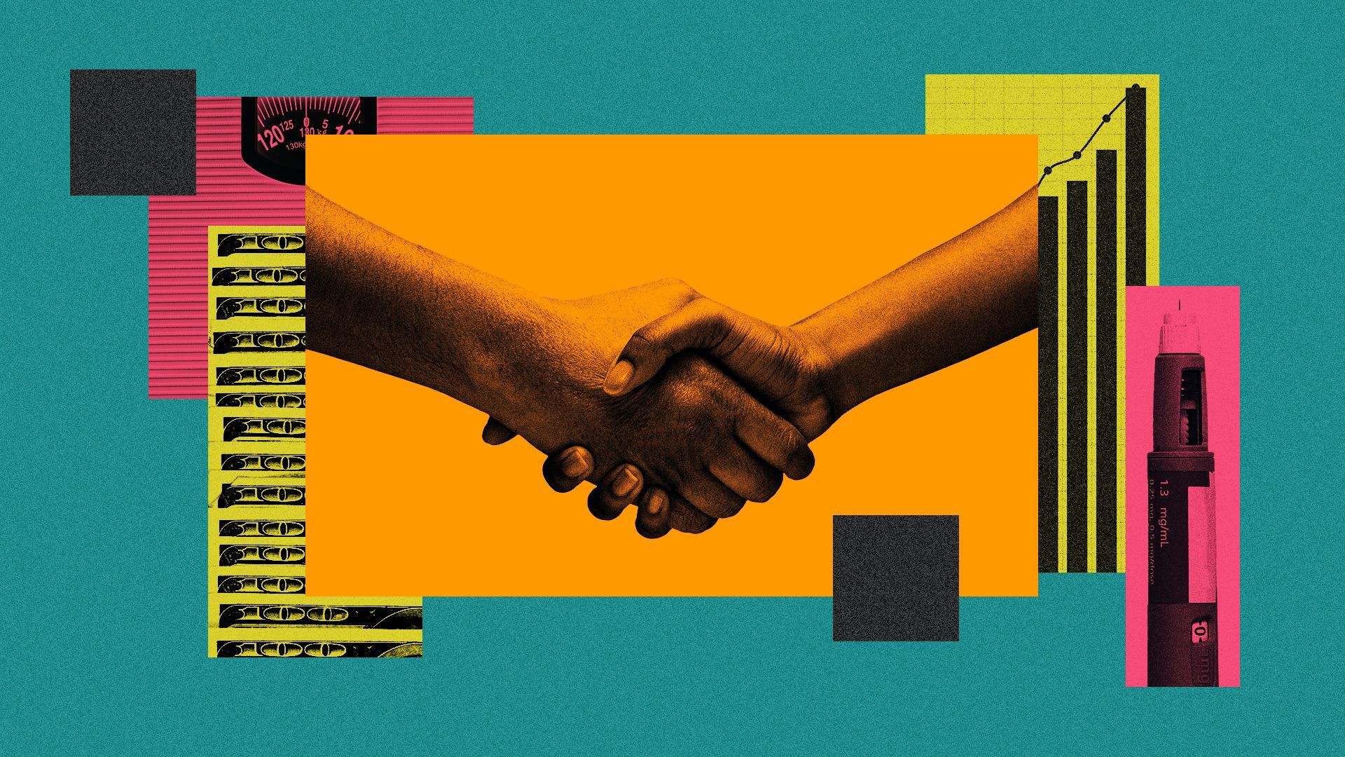 a collage of colorful rectangles featuring photos of money, weight loss items, charts and a handshake 