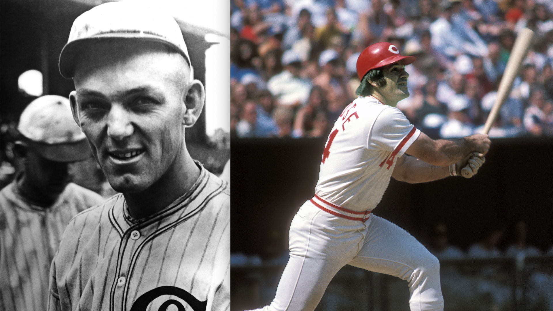  "Shoeless" Joe Jackson of the Chicago White Sox poses for a portrait circa 1919 at Comiskey Park in Chicago; Pete Rose of the Cincinnati Reds bats during an MLB game at Riverfront Stadium in Cincinnati. 