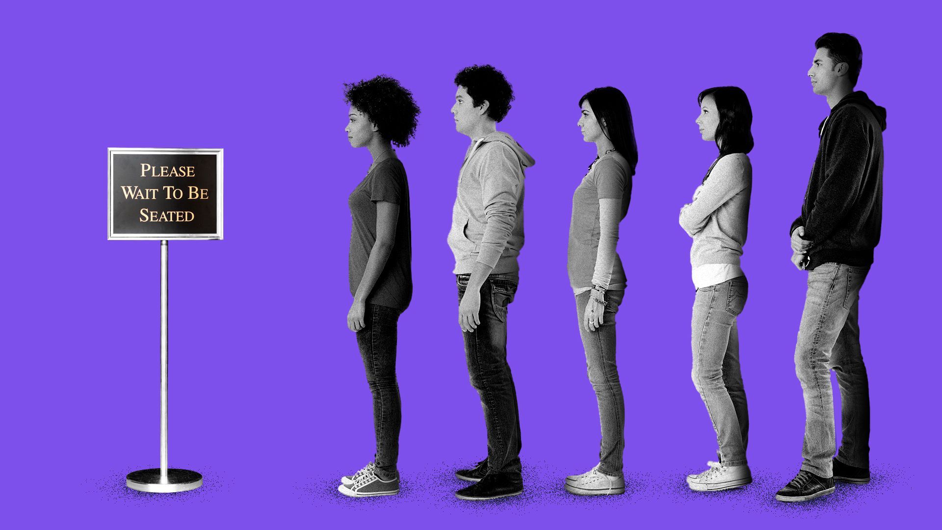 Illustration of a line of people in front of a "Please wait to be seated" sign. 