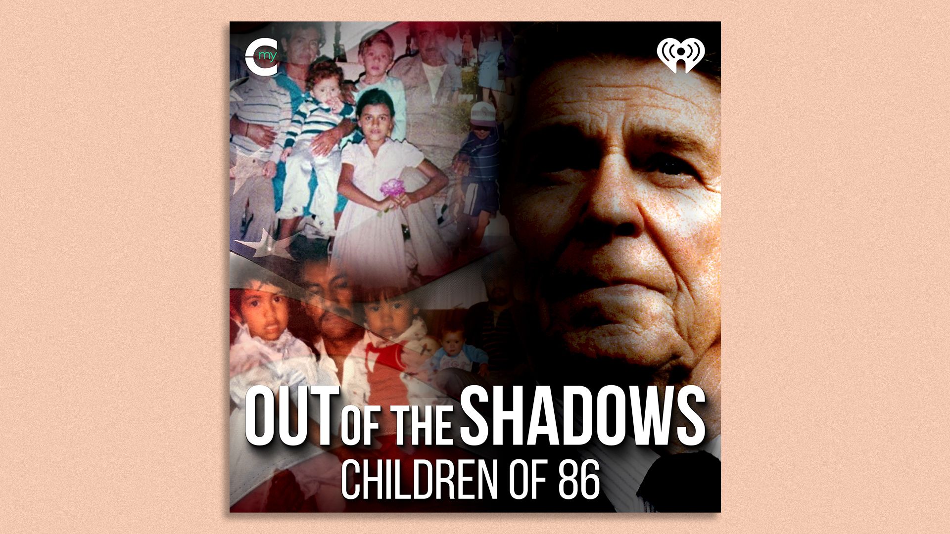 The promotional photo for the new podcast "Out of the Shadows" shows former President Ronald Reagan on the right, and several Latino families on the left