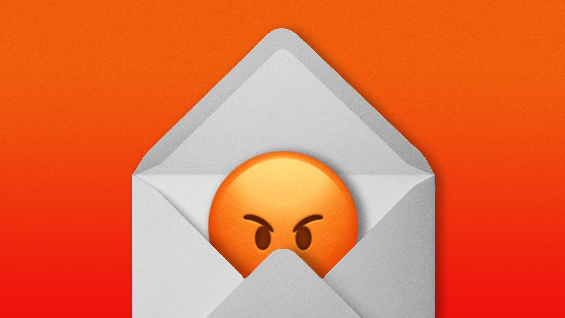 Illustration of an angry emoji peeking out from inside an envelope. 