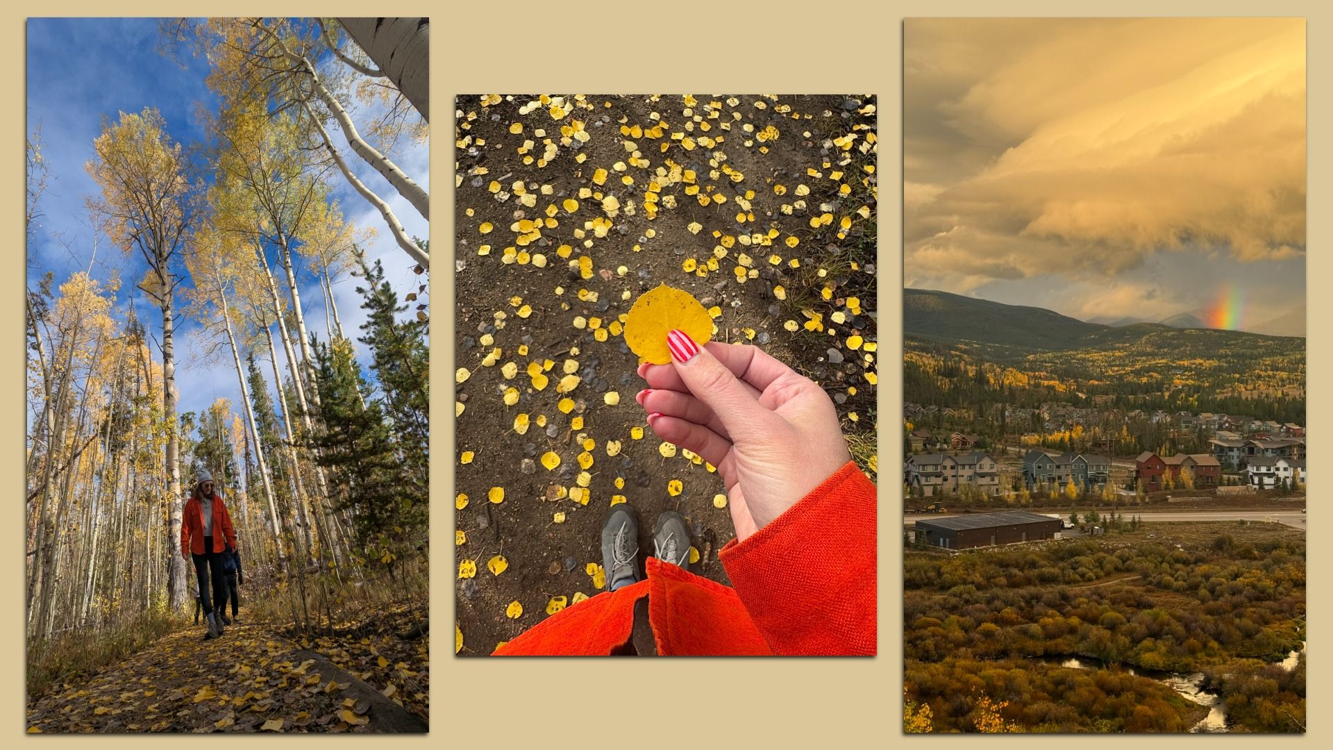 Triptych of autumn scenes: left hikers walk beneath tall yellow aspen trees in blue sky; center a red-sleeved hand holds a bright yellow leaf on a leaf-strewn path; right a valley town at sunset with rainbow.