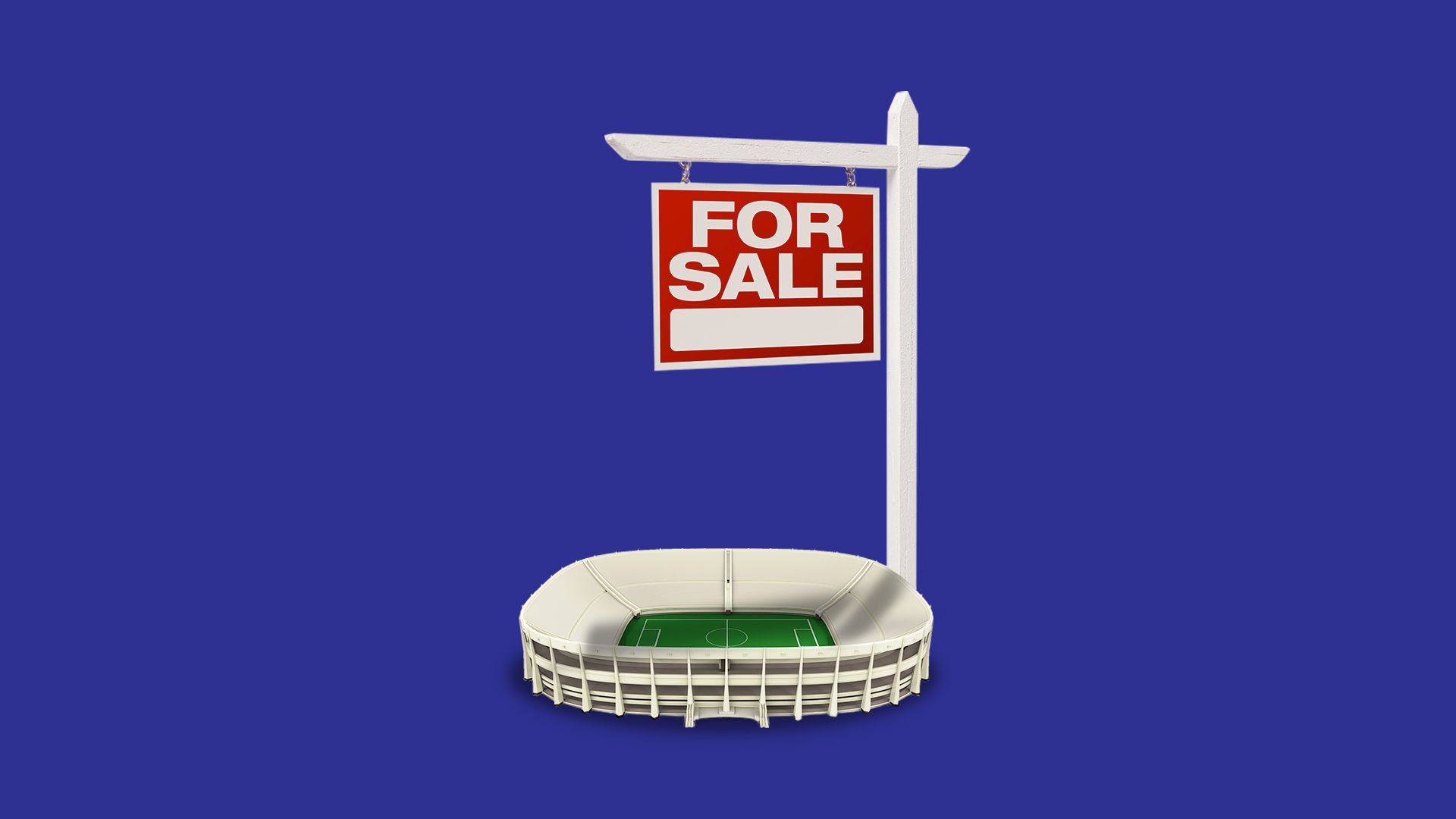 An illustration of a stadium with an oversized for sale sign on it.