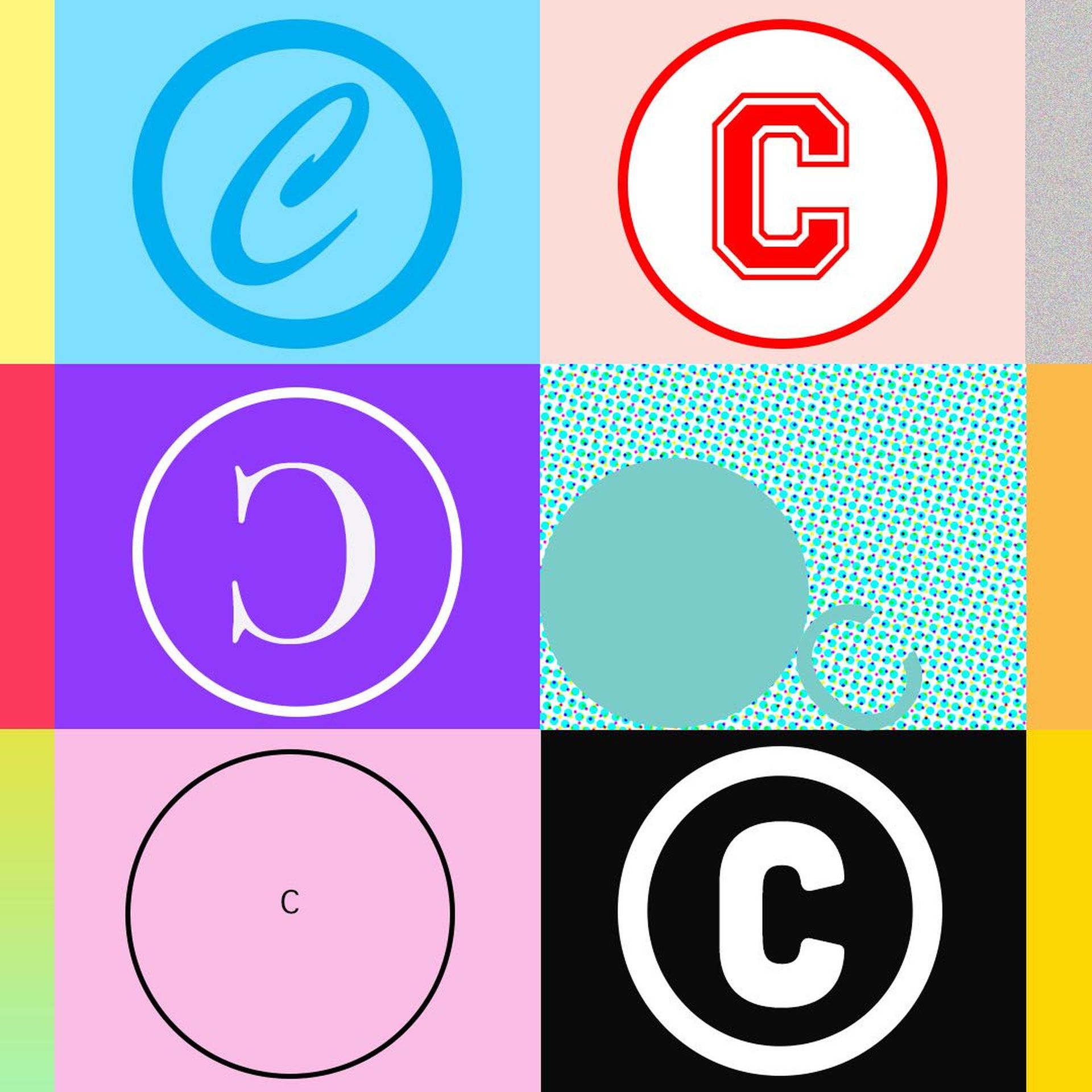 Illustration of copyright symbols in different styles and colors