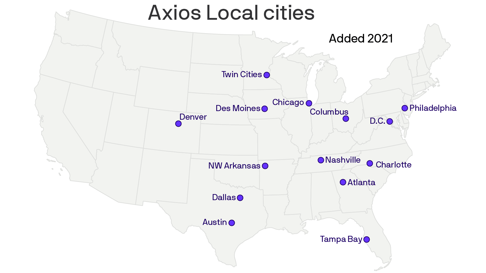 Map of Axios Local cities added in 2021, with purple markers across the U.S.: Twin Cities, Denver, Des Moines, Chicago, Columbus, Philadelphia, D.C., Nashville, Charlotte, Atlanta.