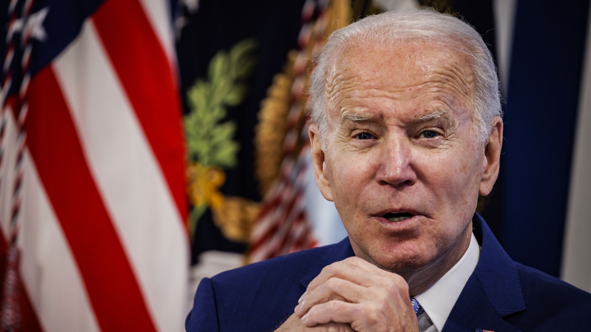   President Biden speaks at a meeting in the Eisenhower Executive Office Building in Washington, D.C., U.S., on Wednesday, Dec. 22, 2021. 