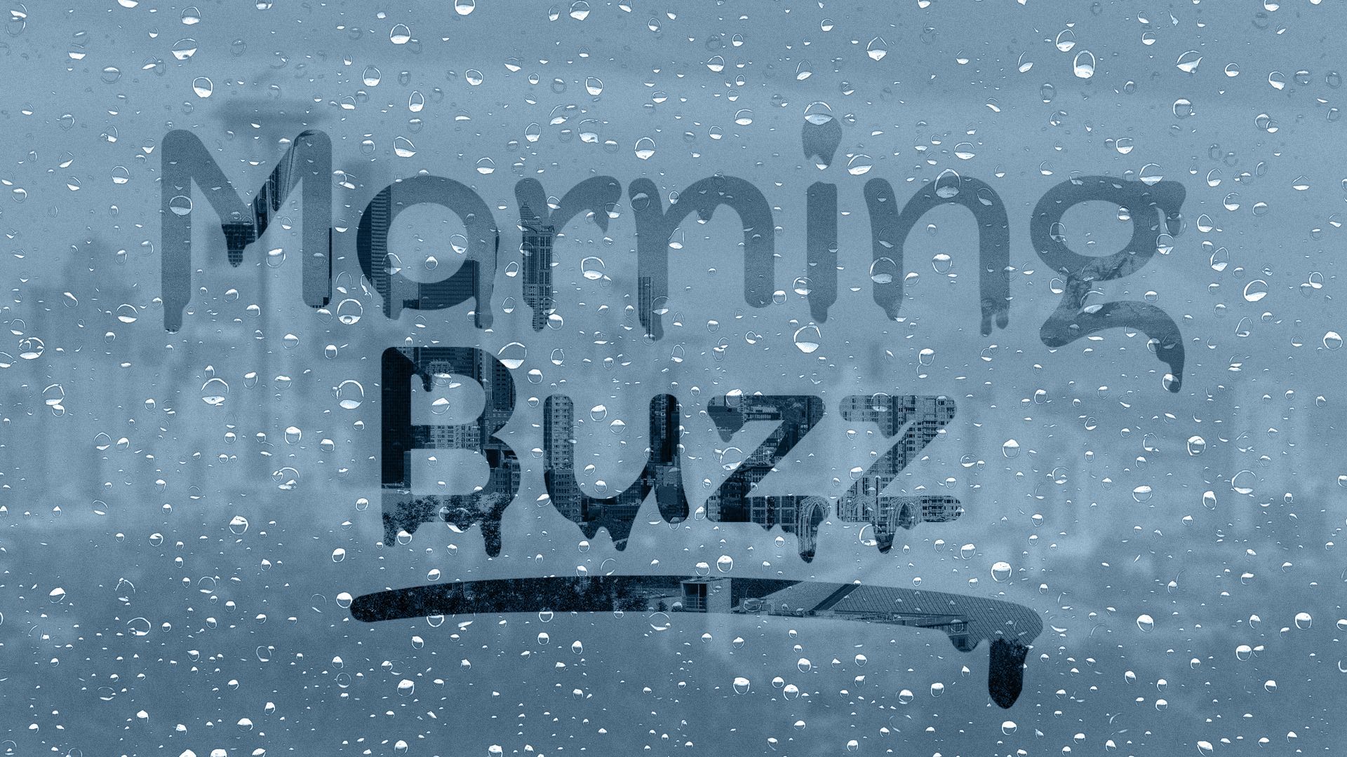 Illustration of "Morning Buzz" written on a foggy window with Seattle skyline in the background.