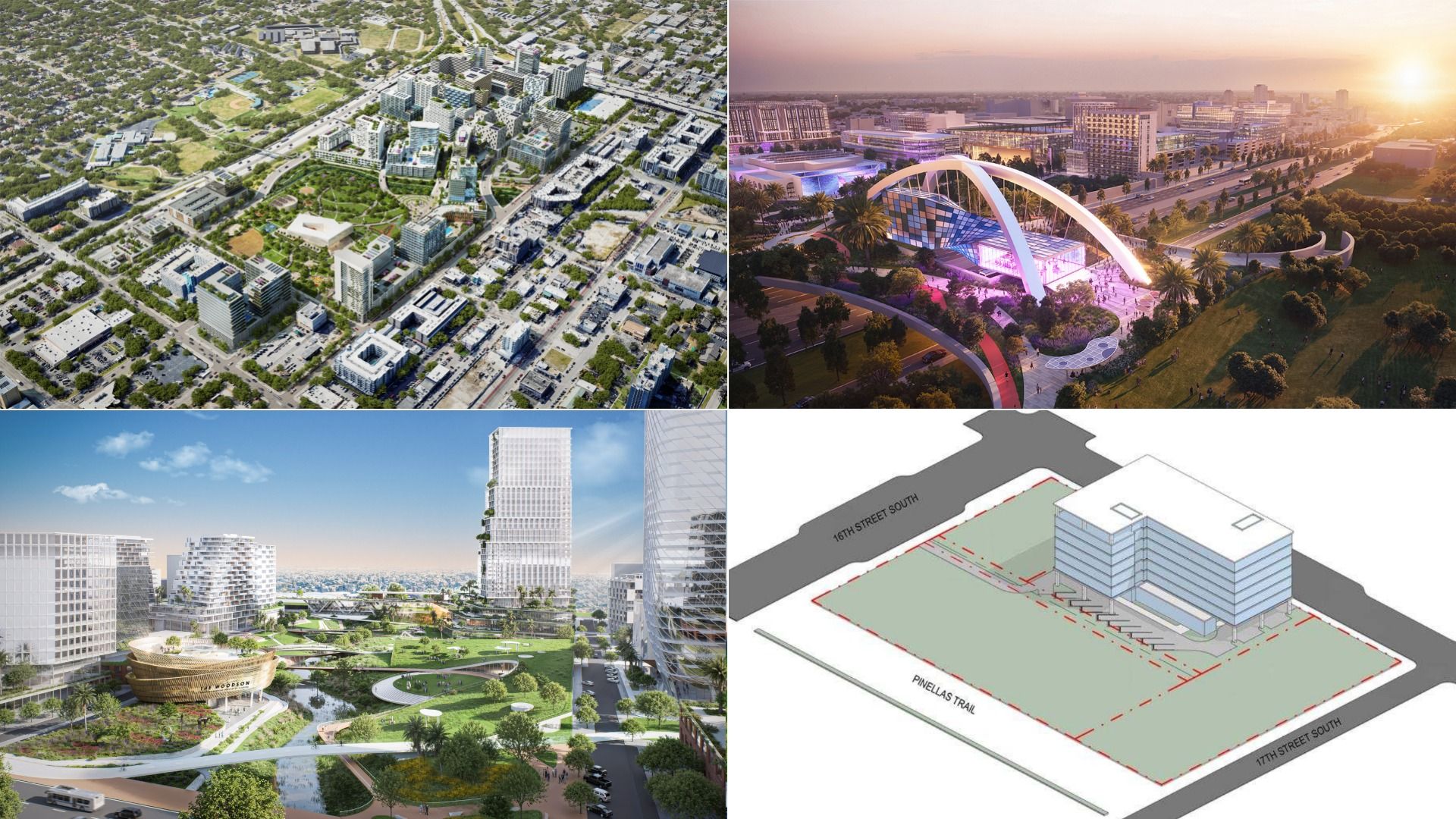 Four-panel urban design collage: aerial view of a city with parks; sunset rendering of a futuristic venue with a white arch; waterfront high-rises; 3D site plan with a modern building and road labels.