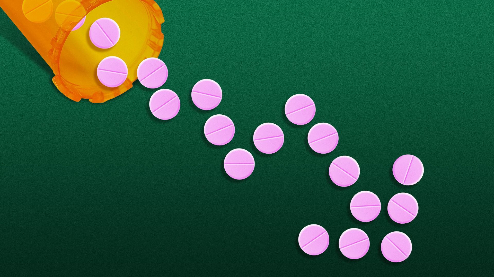 Illustration of a downward trending line of pills coming out of a pharmacy pill bottle