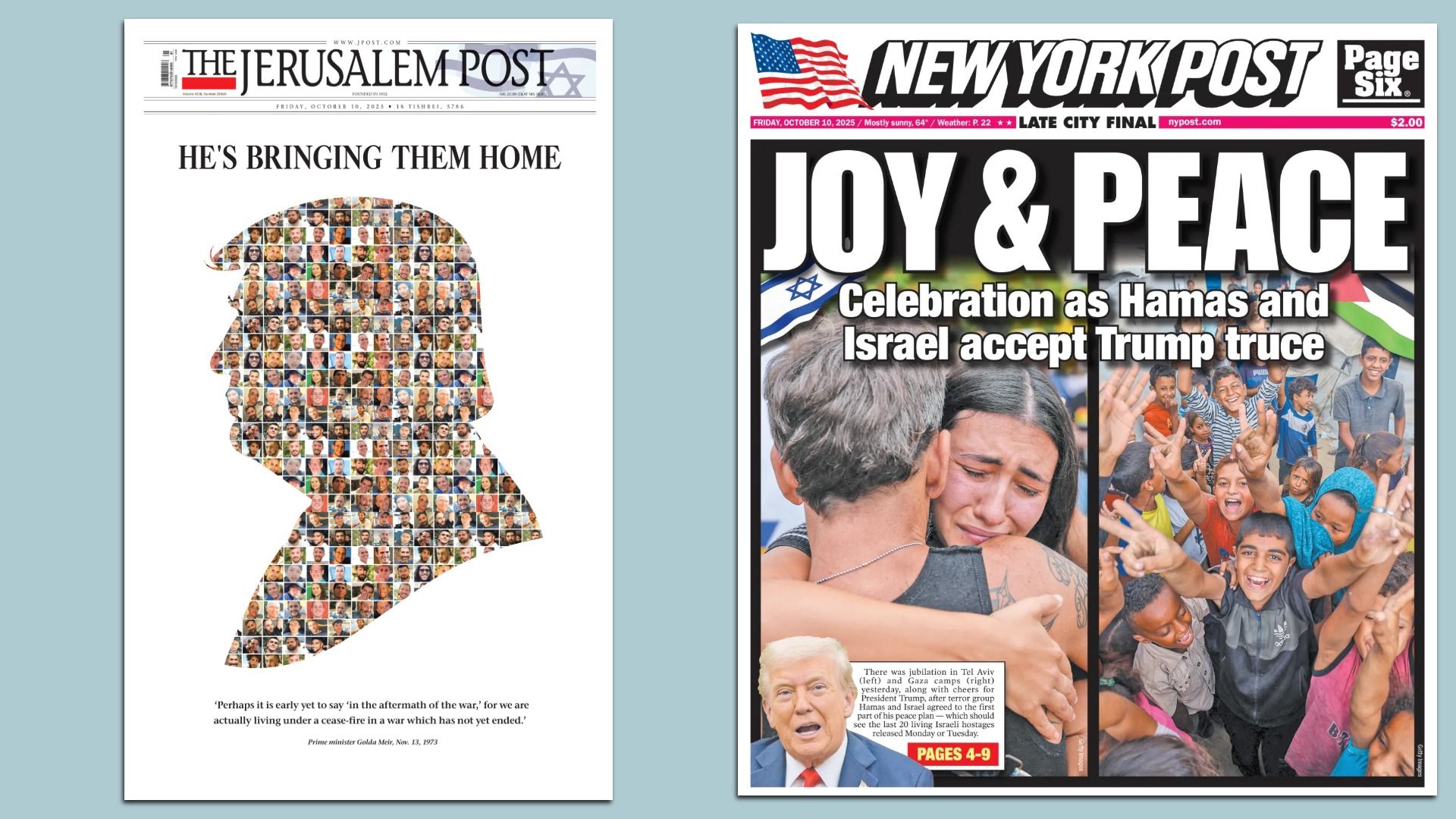 Front pages of today's Jerusalem Post, New York Post.