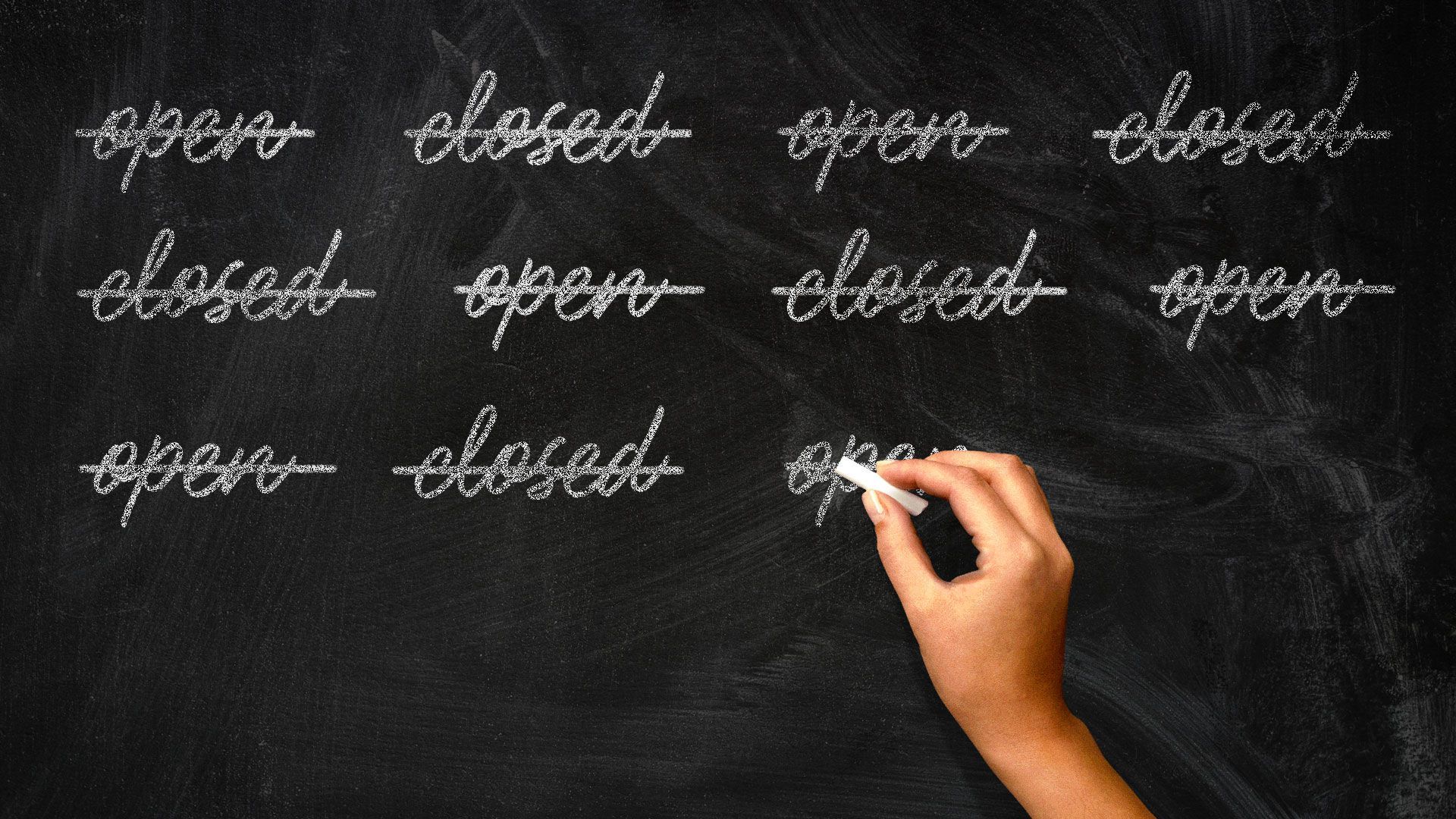 Illustration of hand writing and crossing out open and closed on a chalkboard