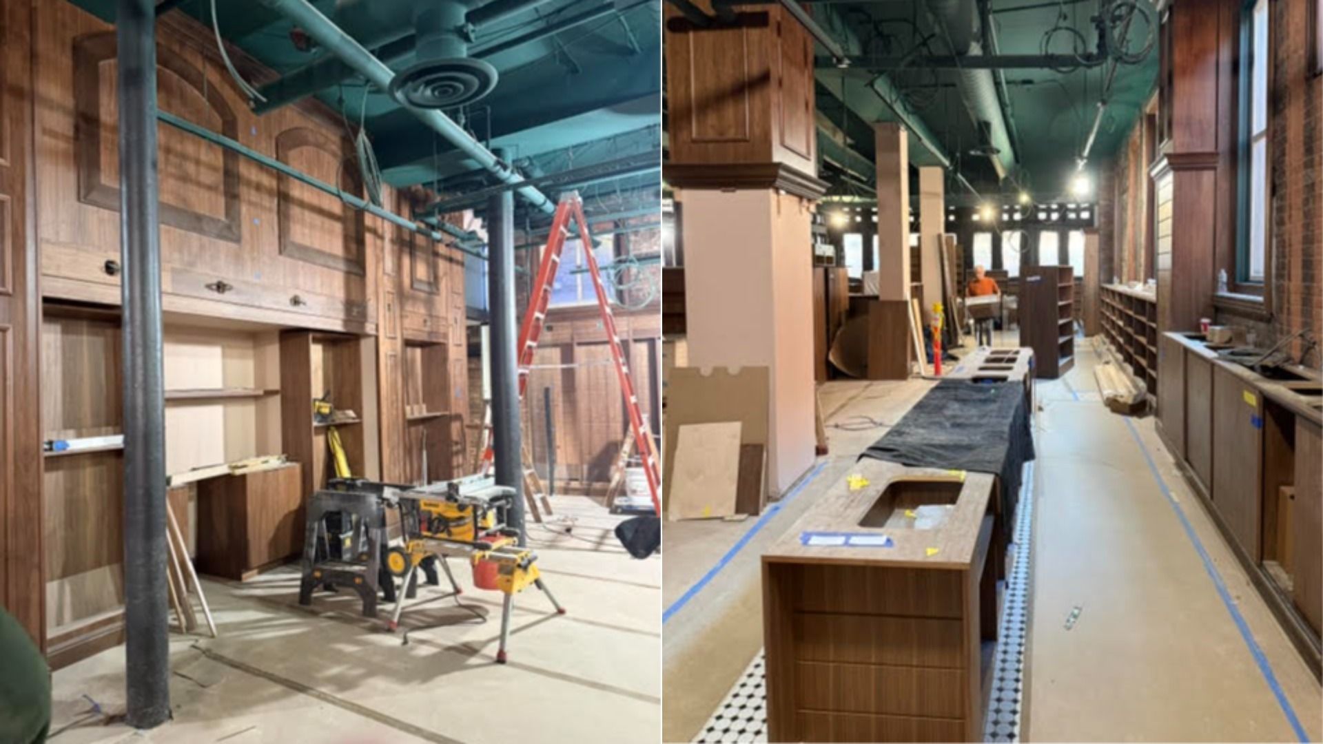 A composite image that shows construction in the upcoming Harvard Book Store location in downtown Boston: left, a ladder and tools near a wooden shelf; right, a long room with shelves and a worker in an orange shirt.