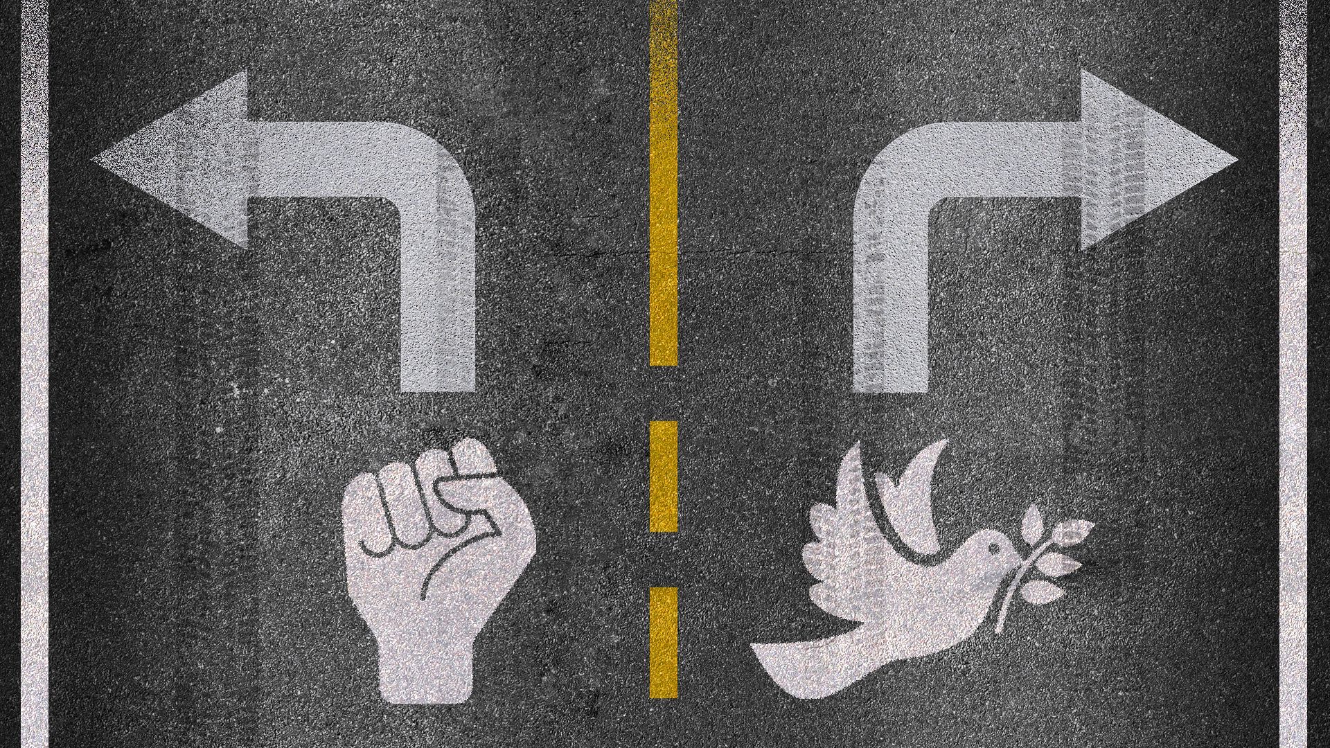 Illustration of a road with two turning lanes, one featuring a fist and the other a dove