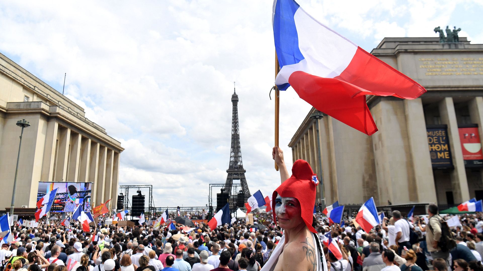 Protesters demonstrating against the compulsory vaccination for certain workers and the mandatory use of the health pass called by the French government in Paris on July 21
