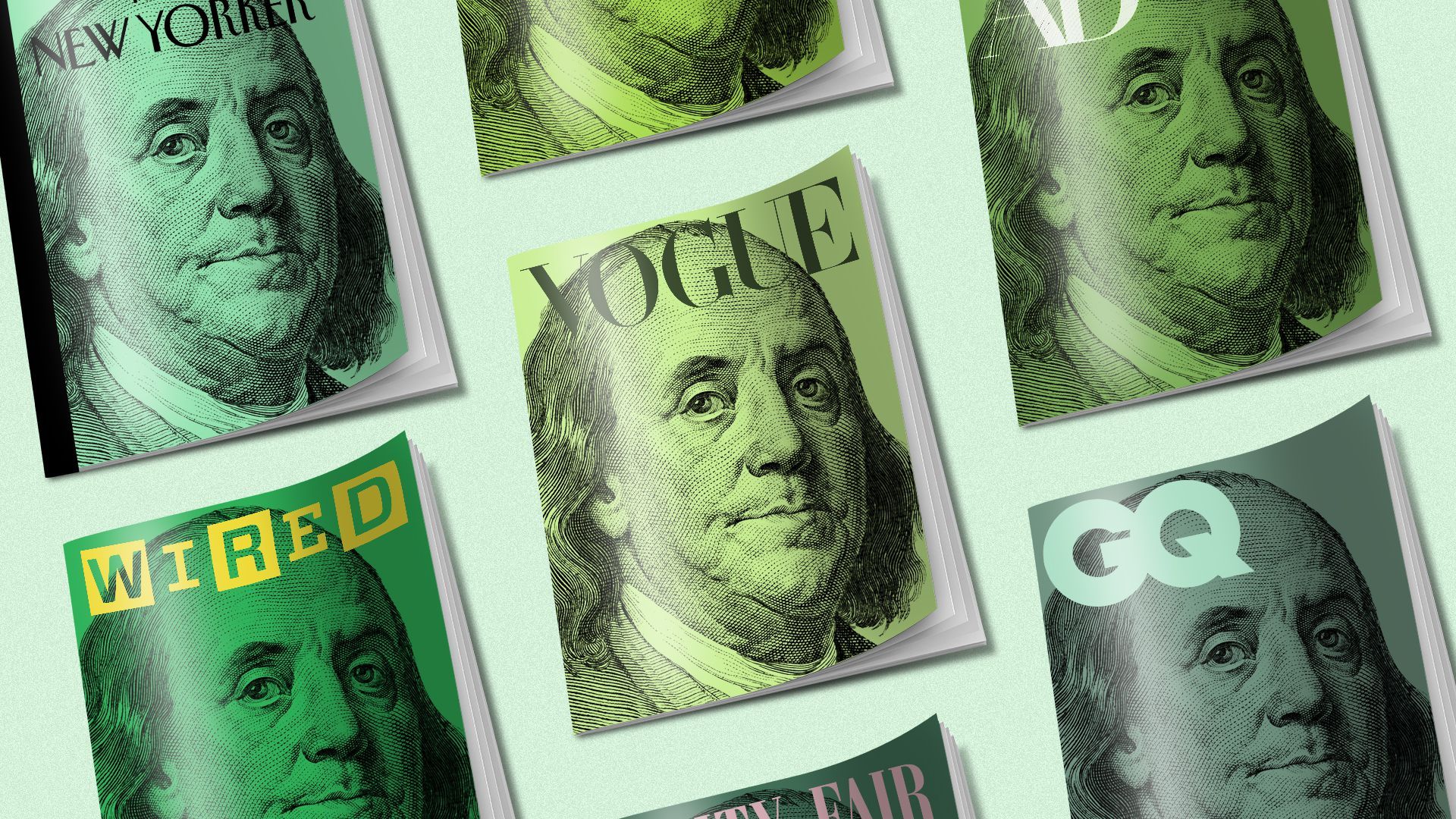 Illustration of Condé Nast magazines with Ben Franklin on the cover
