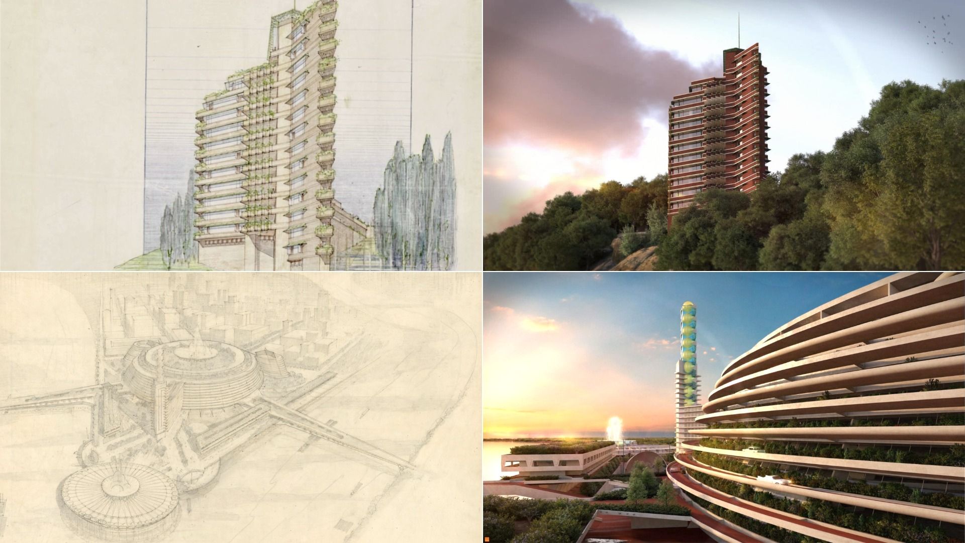Collage of four images: top left a colored architectural sketch of a tall building with balconies and greenery; top right a realistic view of the same building among trees at sunset; bottom left a pencil sketch of circular urban structures connected by roads; bottom right a modern circular building.