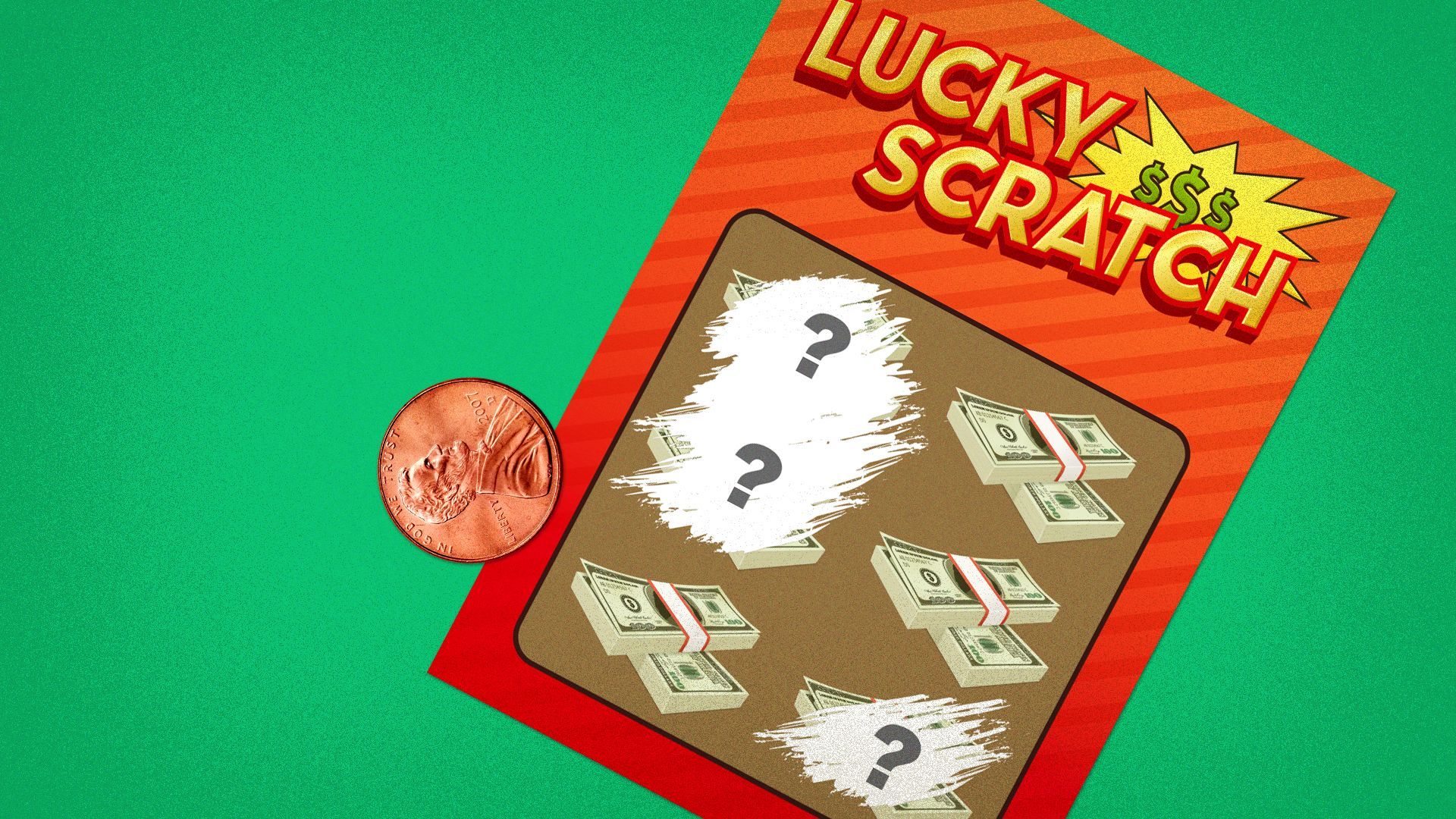 Illustration of a scratch off lottery ticket revealing question marks.