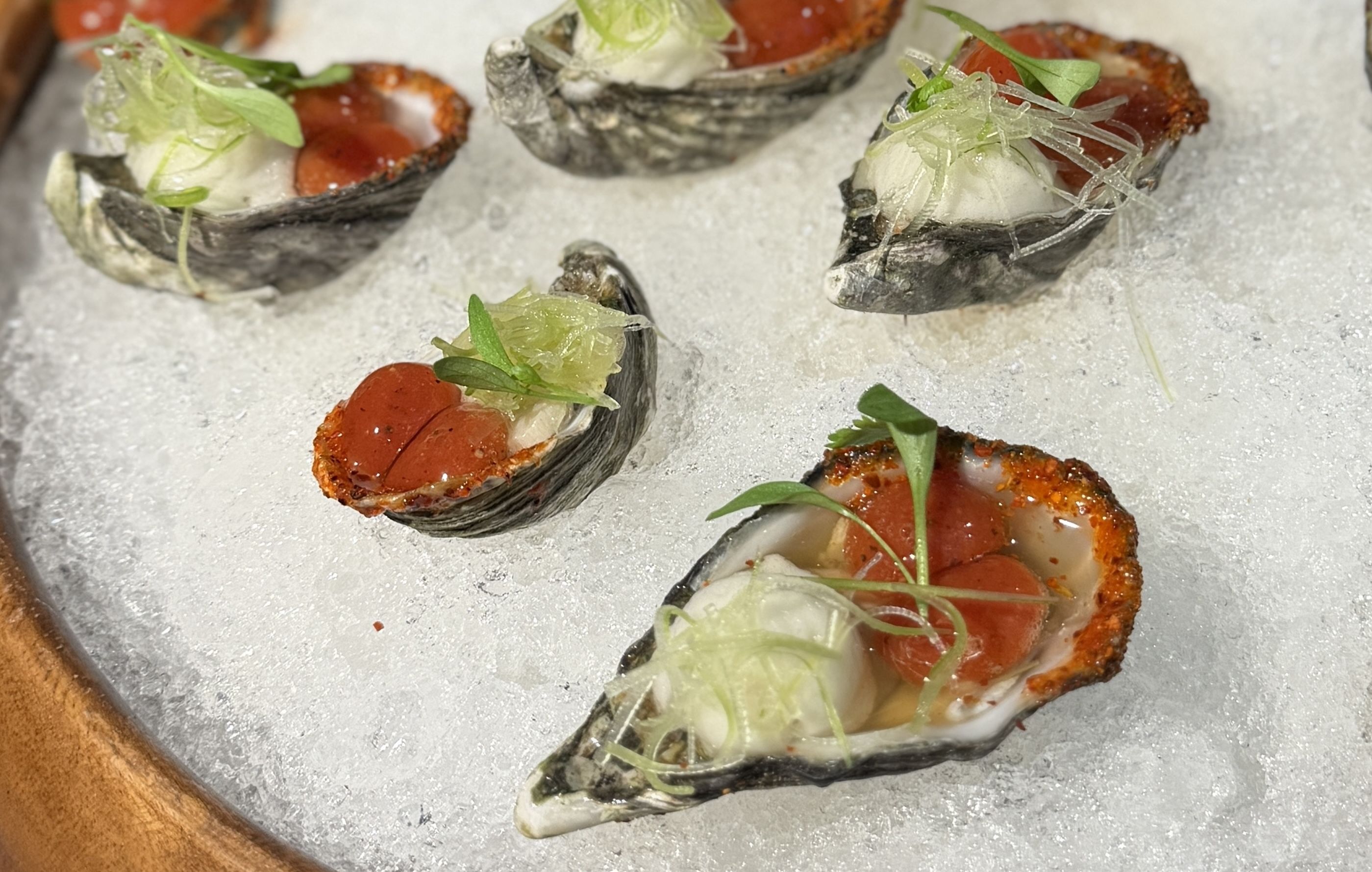 Several oysters on crushed ice in dark shells, topped with red sauce and creamy filling, garnished with microgreens and thin white shredded strands.
