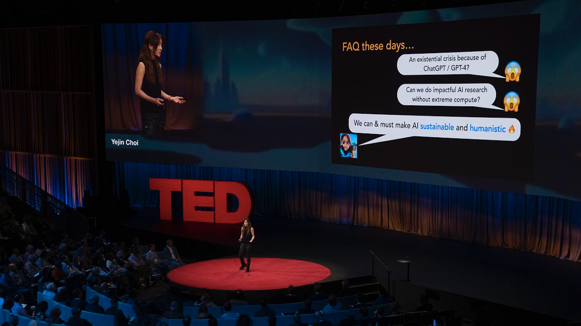 Yejin Choi, speaking at TED2023.