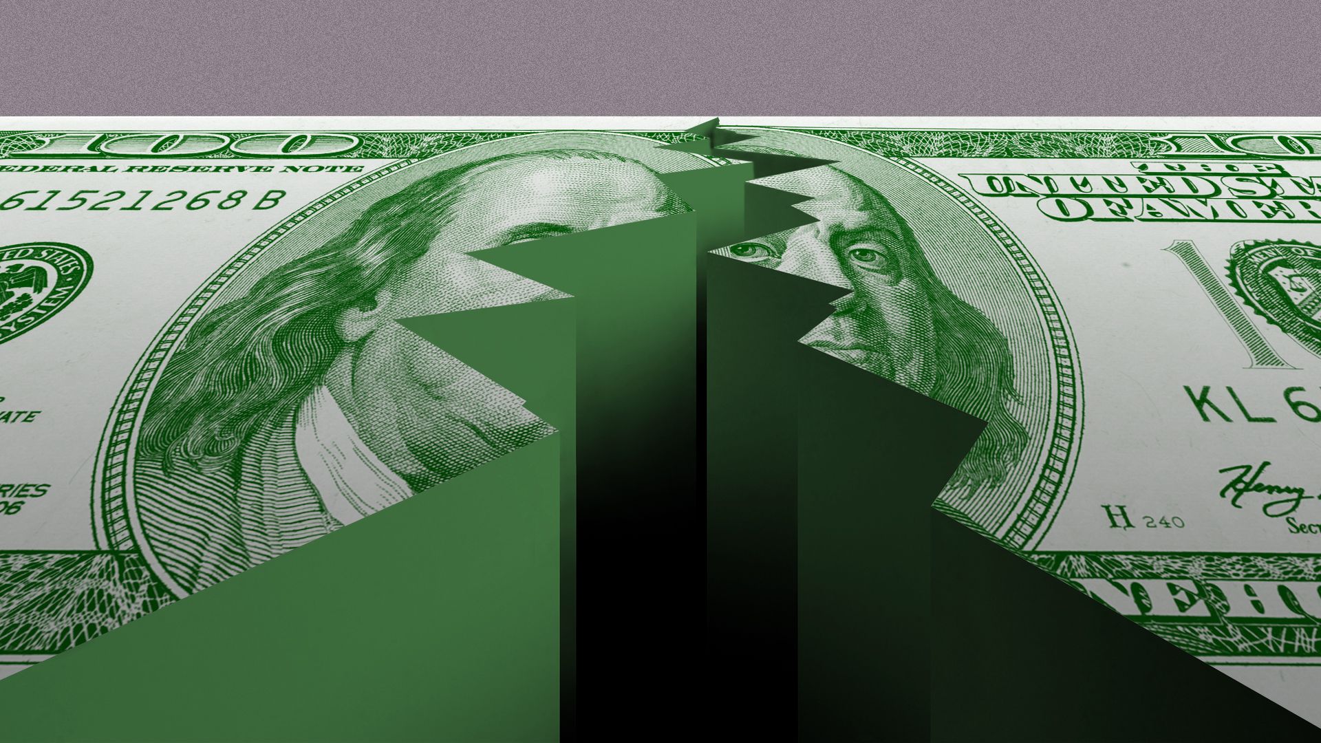 Illustration of a hundred dollar bill with an earthquake crack down the middle.