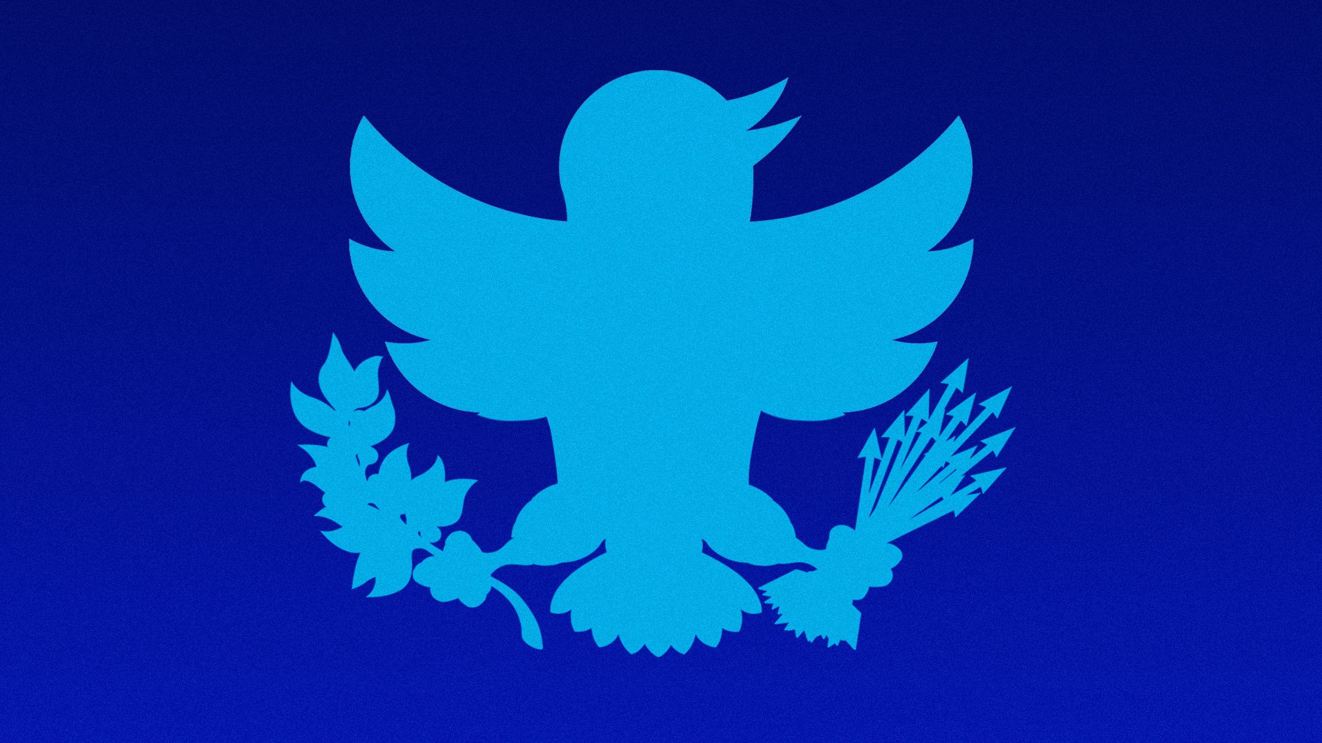 Illustration of the twitter logo modified to look like a a U.S. eagle with an olive branch and arrows